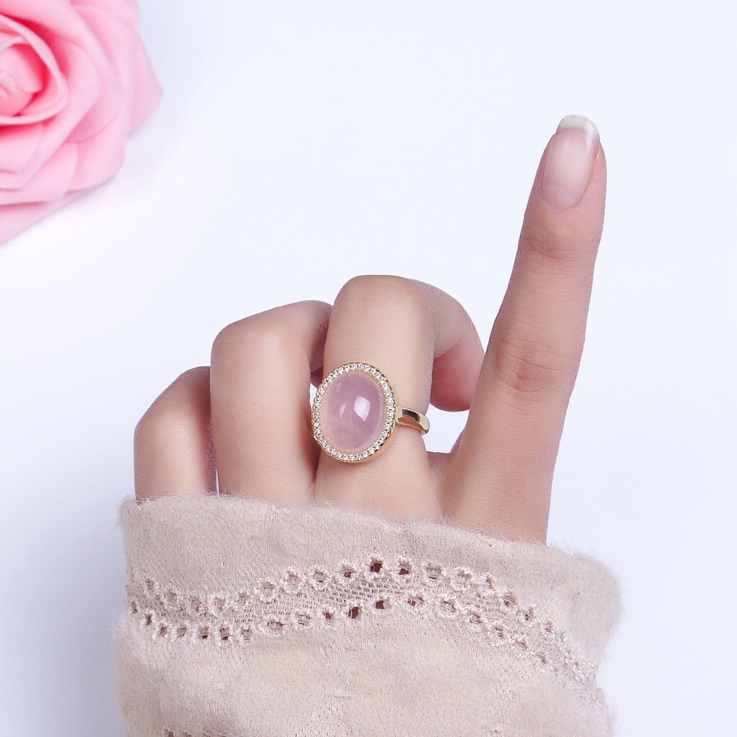Micro Pave Healing Crystal Ring Rose Quartz Stone Ring in 24k Gold Filled Adjustable Ring AA1356 - DLUXCA
