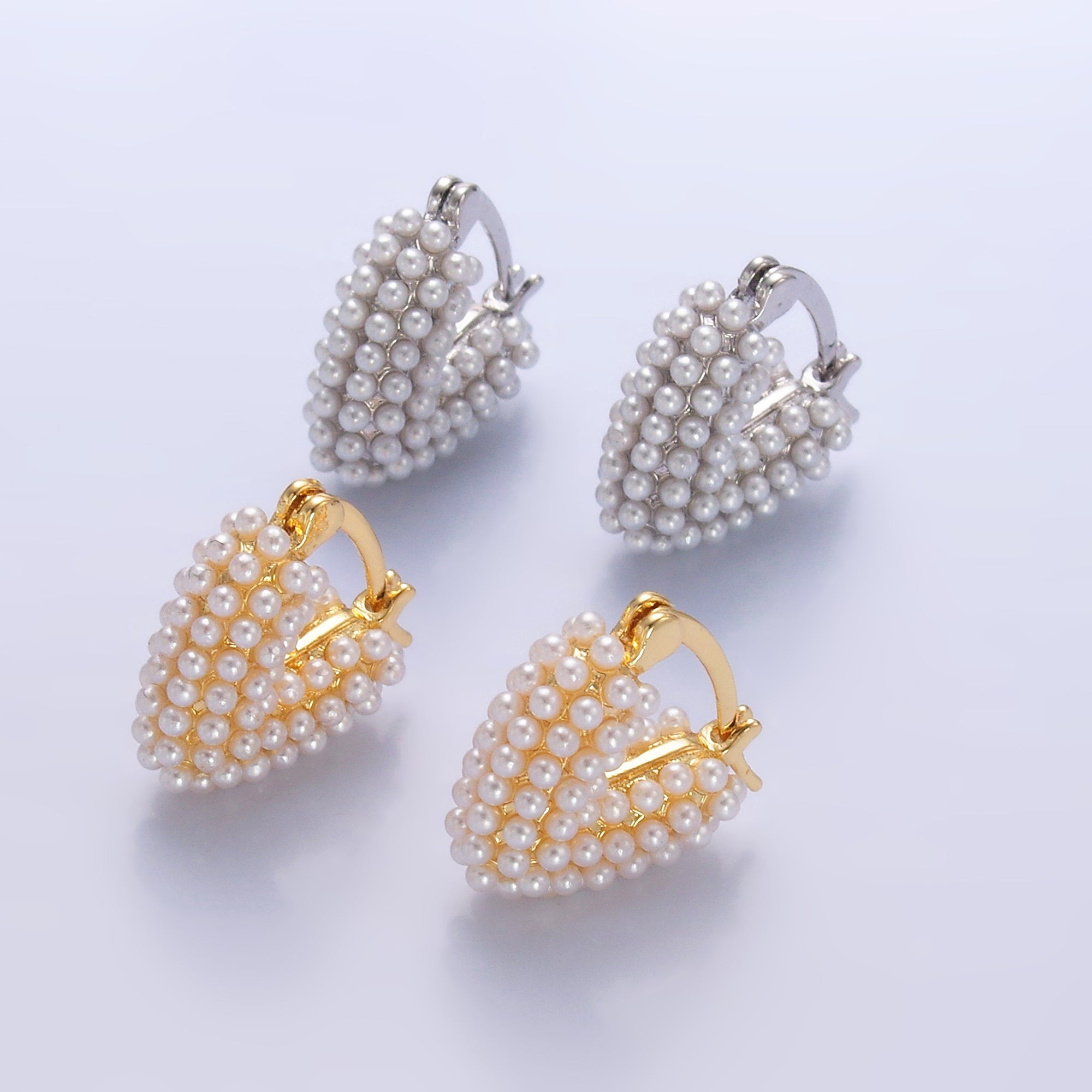 24K Gold Filled Shell Pearl Dotted Heart V-Shaped Latch Hoop in Gold & Silver | AB694 AB695