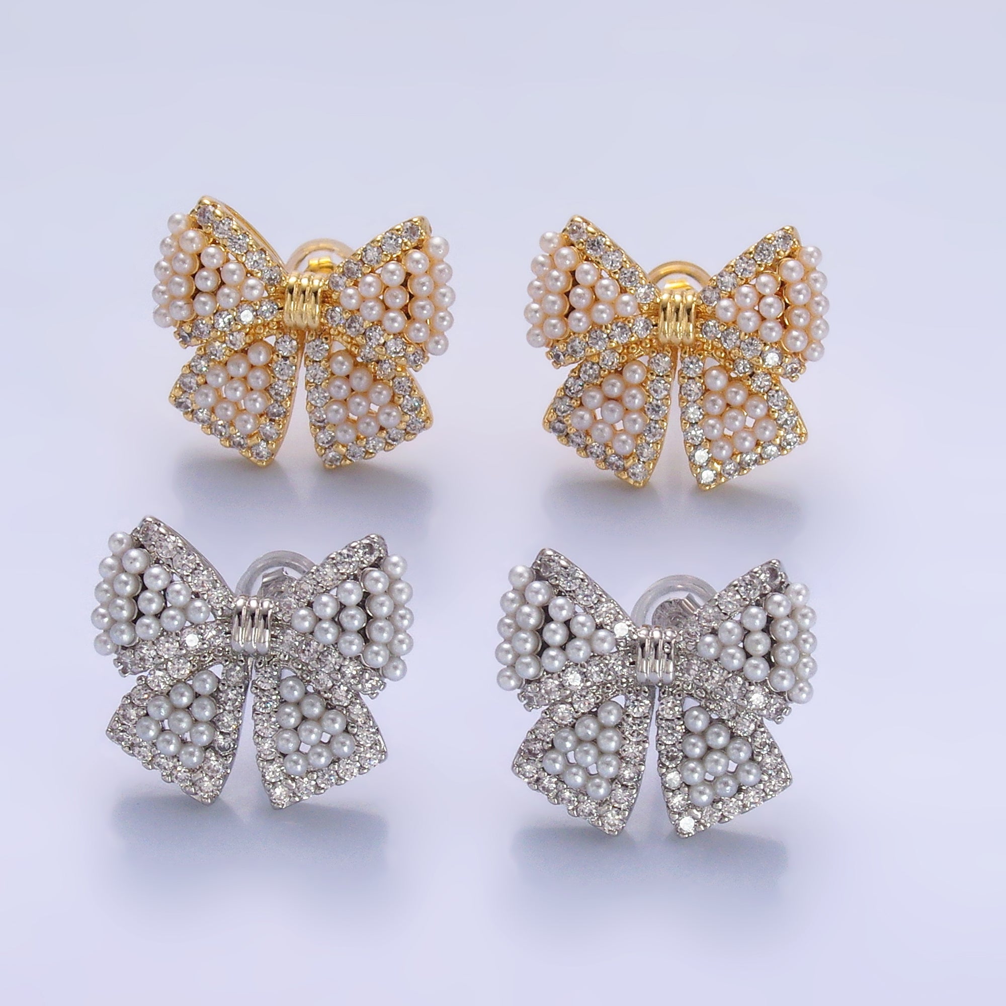 24K Gold Filled Shell Pearl Dotted Micro Paved CZ Ribbon Bow Stud Earrings in Gold & Silver | AB692 AB693