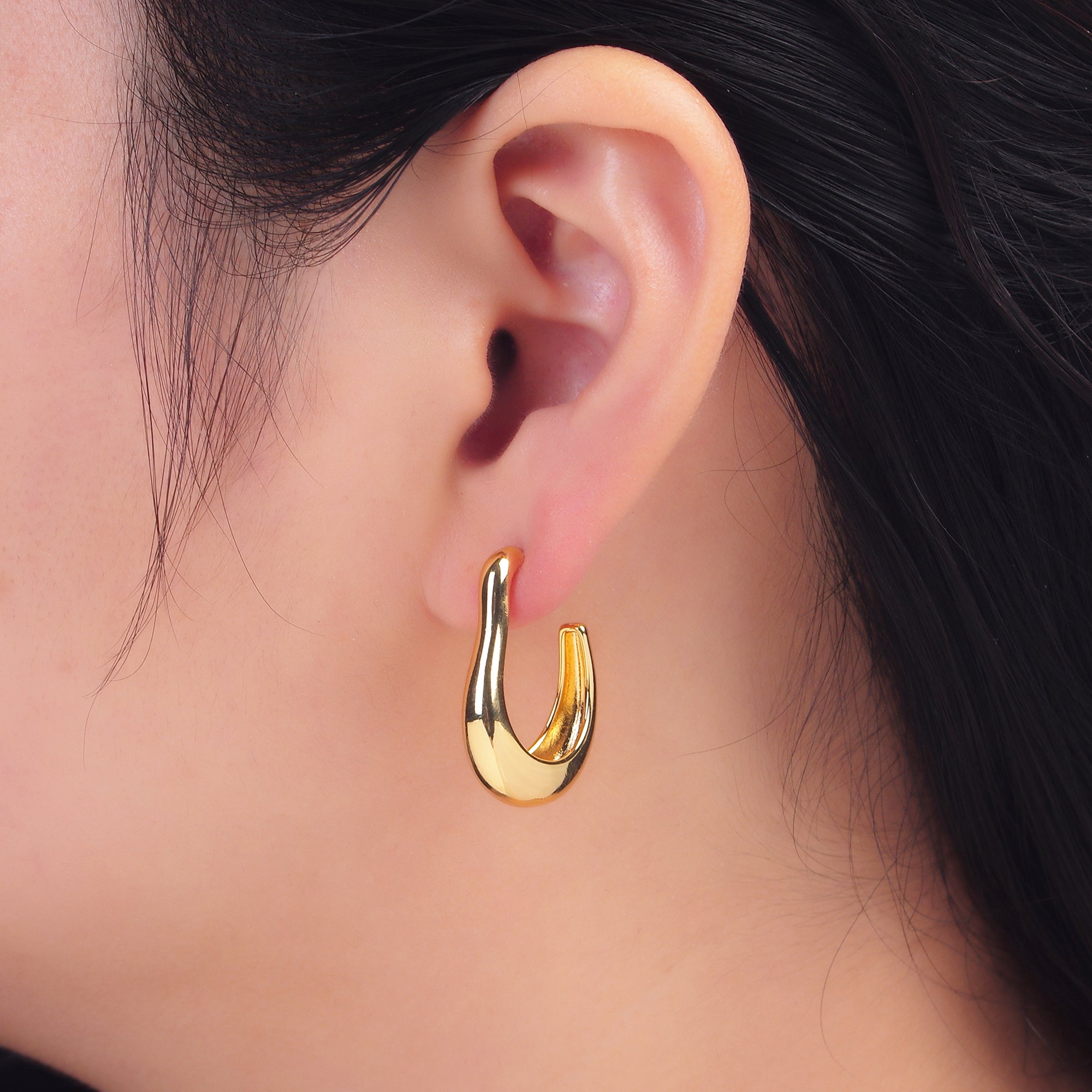 24K Gold Filled 28mm Molten Abstract J-Shaped Hoop Earrings | AB704