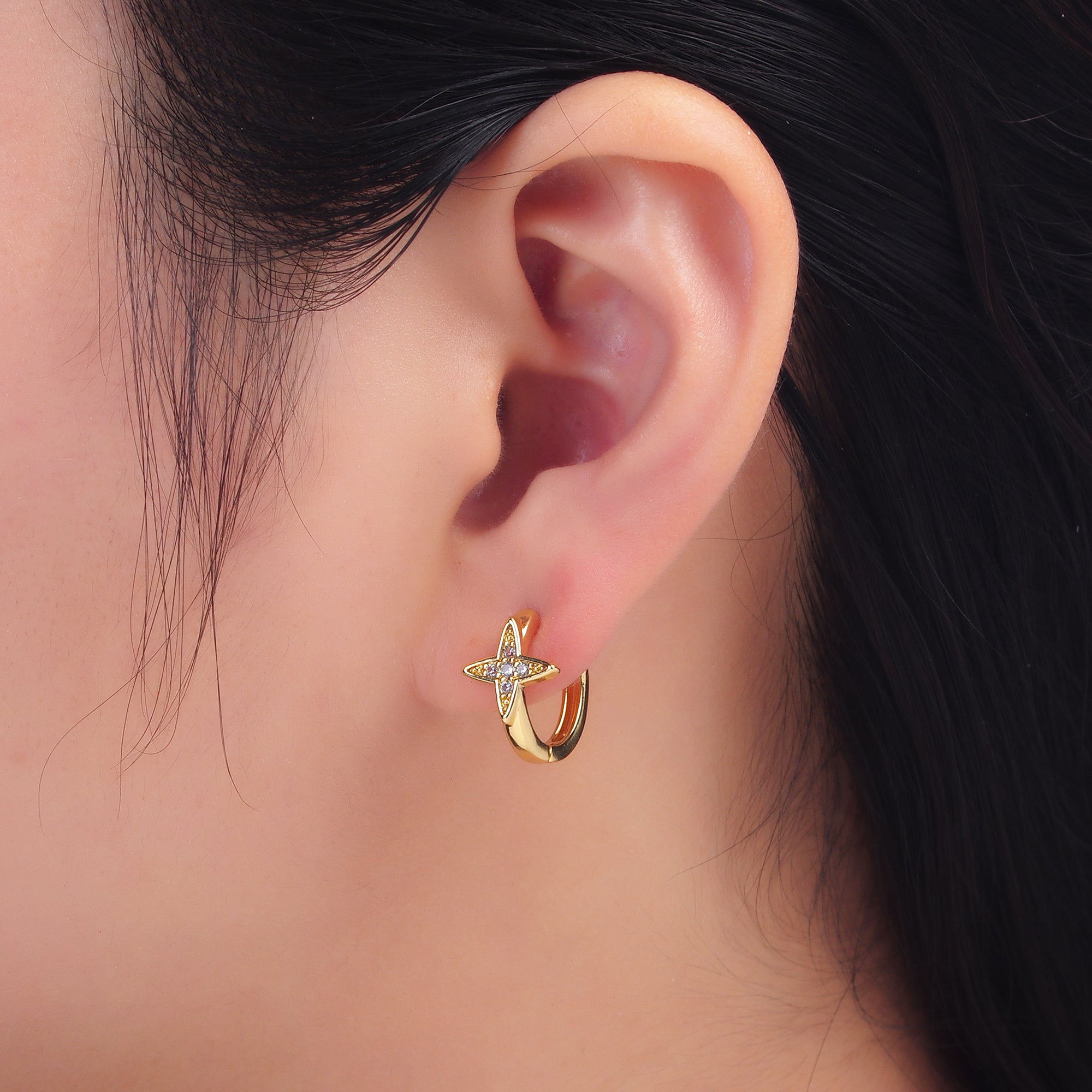 24K Gold Filled Celestial Star Micro Paved CZ Huggie Earrings | AD010