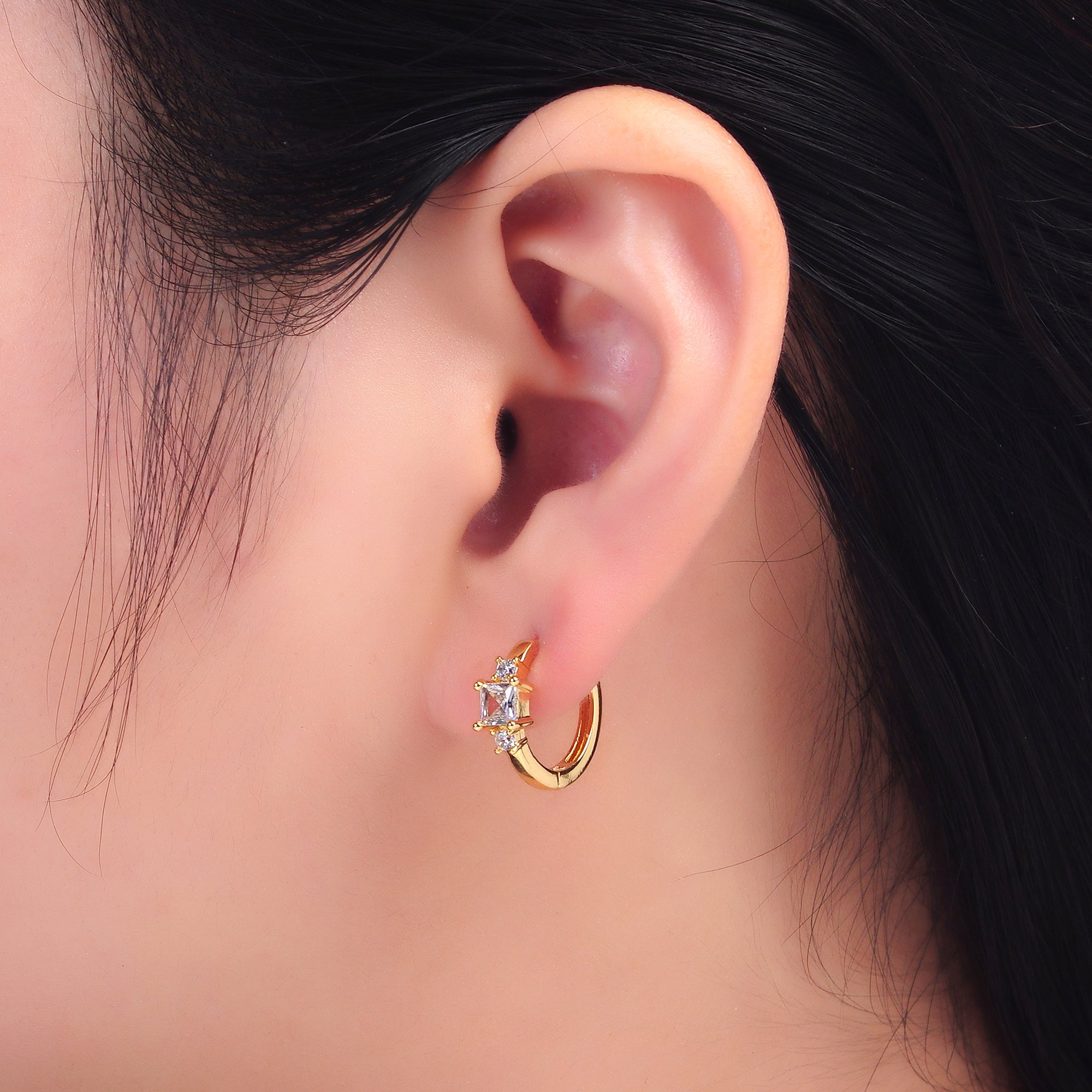 24K Gold Filled Clear Baguette CZ Huggie Earrings | AB703