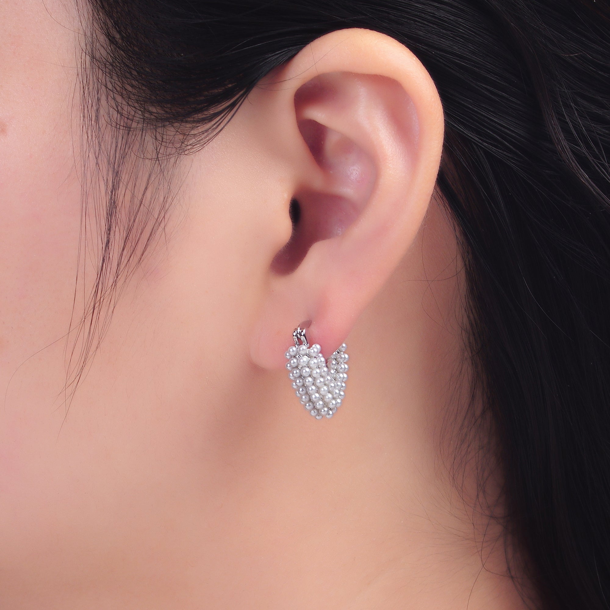 24K Gold Filled Shell Pearl Dotted Heart V-Shaped Latch Hoop in Gold & Silver | AB694 AB695