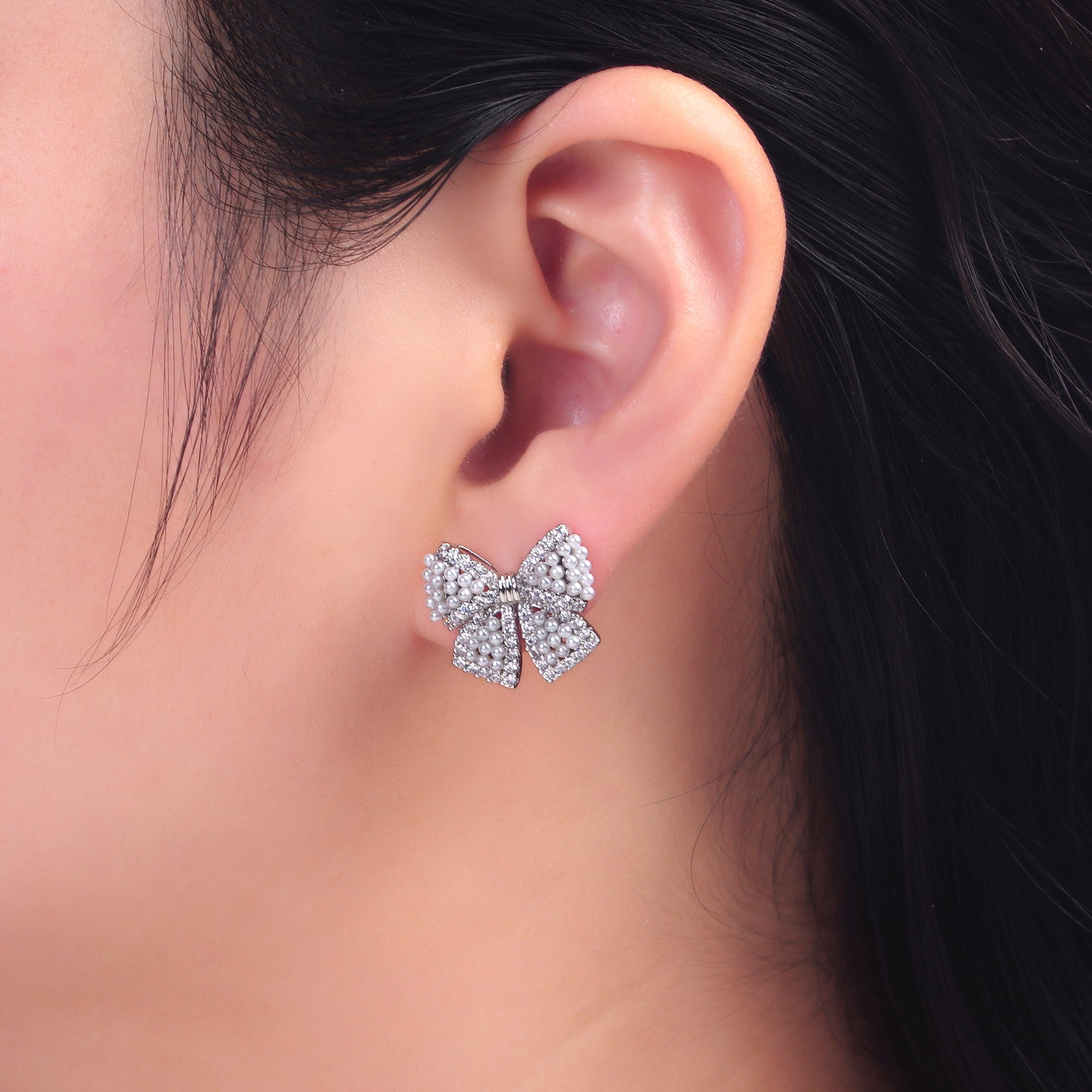 24K Gold Filled Shell Pearl Dotted Micro Paved CZ Ribbon Bow Stud Earrings in Gold & Silver | AB692 AB693