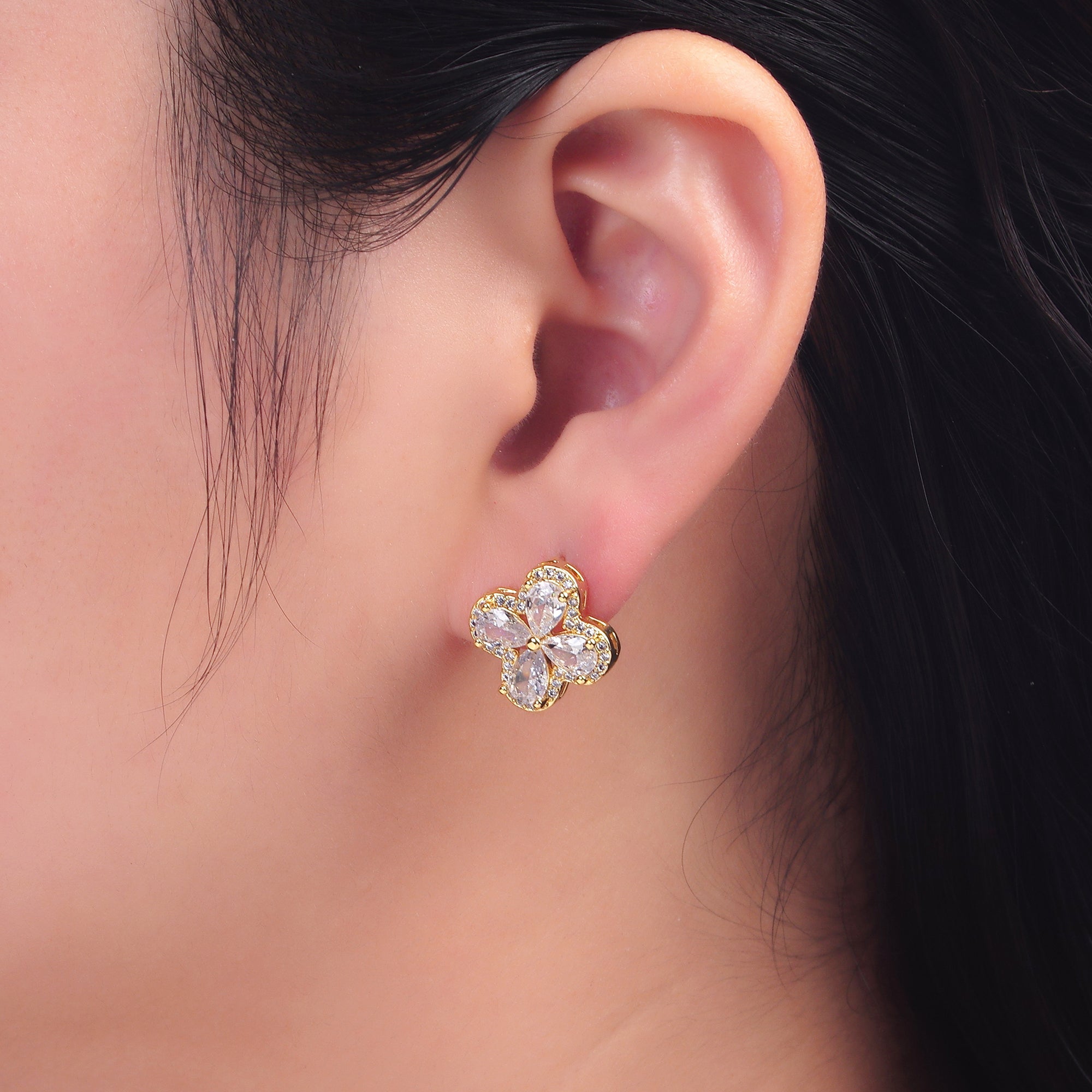 24K Gold Filled Clear CZ Micro Paved CZ Quatrefoil Stud Earrings in Gold & Silver | AB688 AB689