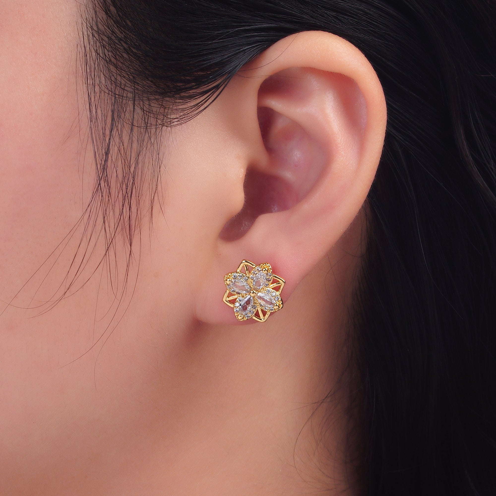 24K Gold Filled Clear CZ Geometric Flower Stud Earrings in Gold & Silver | AB690 AB691