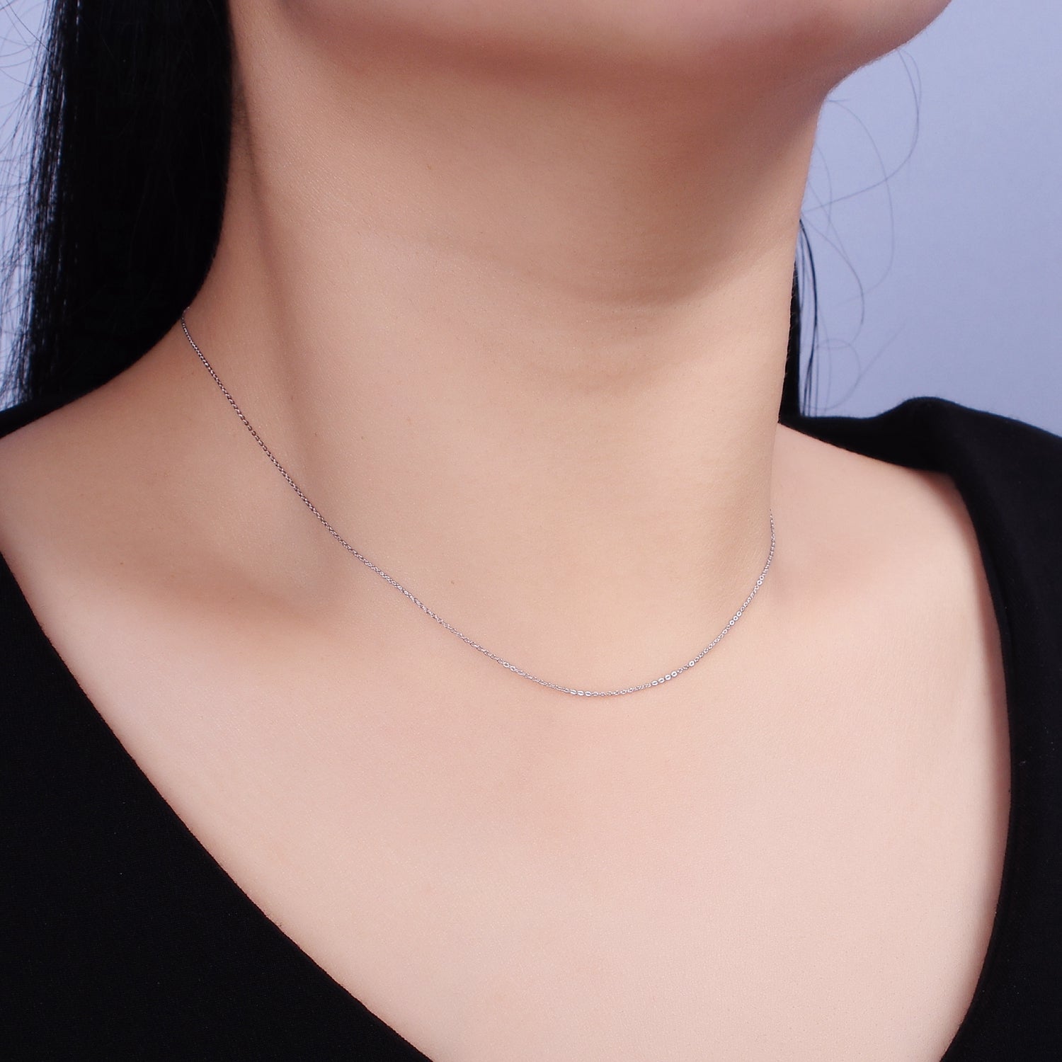 White Gold Filled Dainty 0.5mm Cable 15.5 Inch Choker Chain Necklace | WA-1877 - DLUXCA