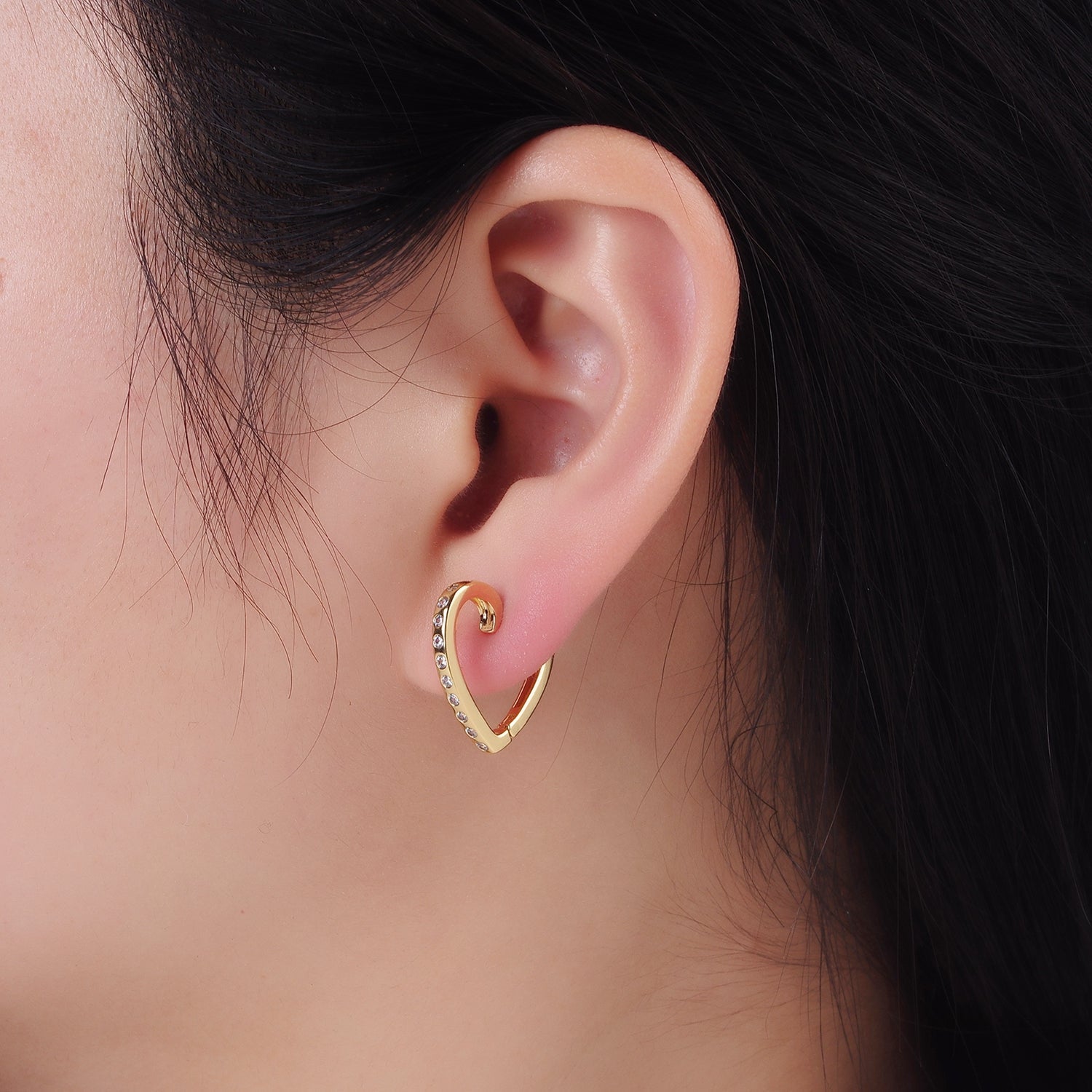 14K Gold Filled Dotted CZ Heart Hoop Earrings | AB-1263