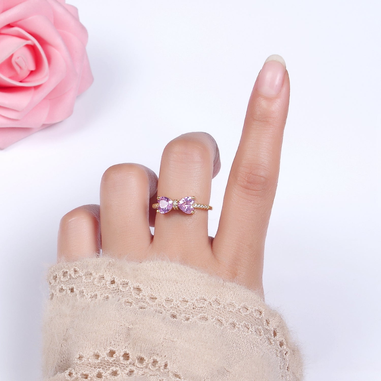 14K Gold Filled Pink, Clear CZ Heart Ribbon Micro Paved Ring | O637 O638 - DLUXCA