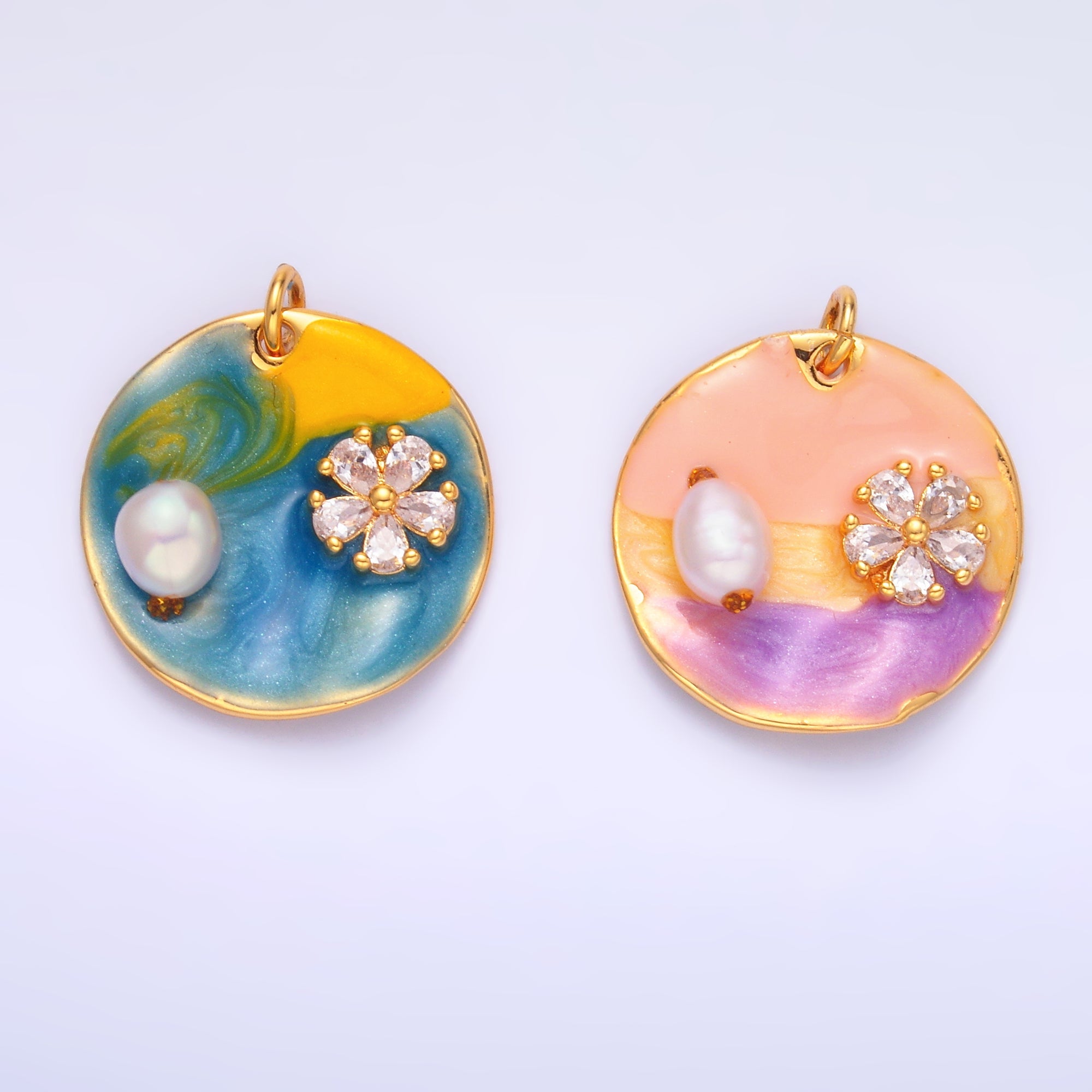 Ombre Gold Coin Charm enamel with pearl beads 24k Gold Filled M-259