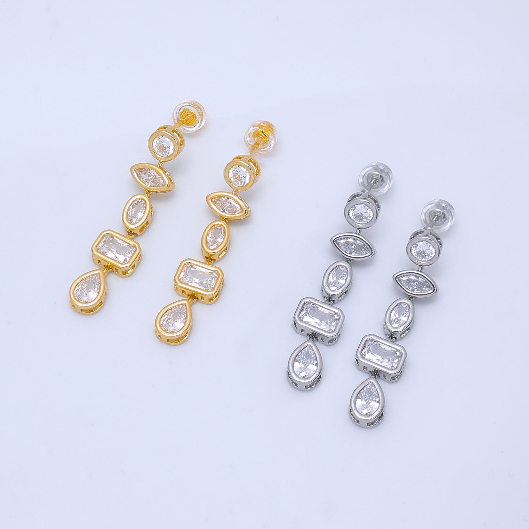 24K Gold Filled Geometric CZ Bezel Drop Stud Earrings in Gold & Silver | AB678 AB679