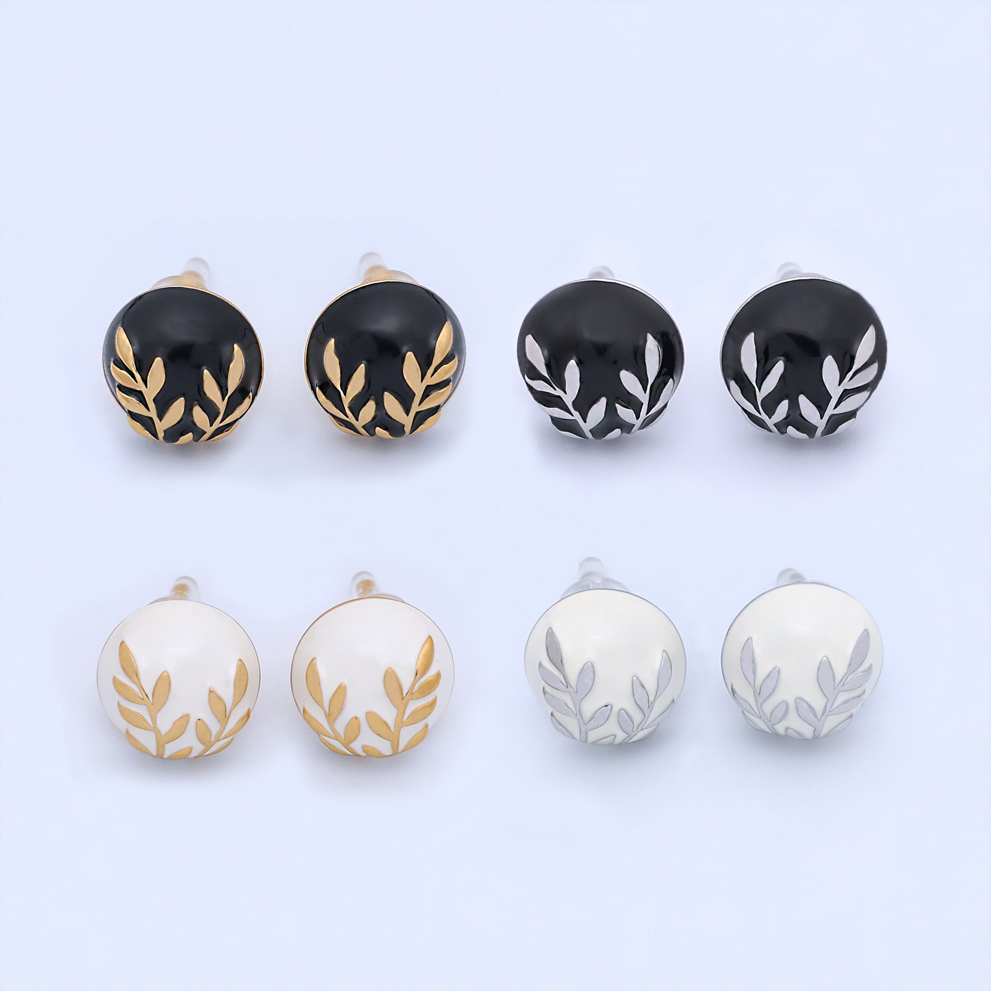 24K Gold Plated Black, White Leaf Round Stud Earrings in Gold & Silver | AB1044 AB1051 AB1058 AB1073
