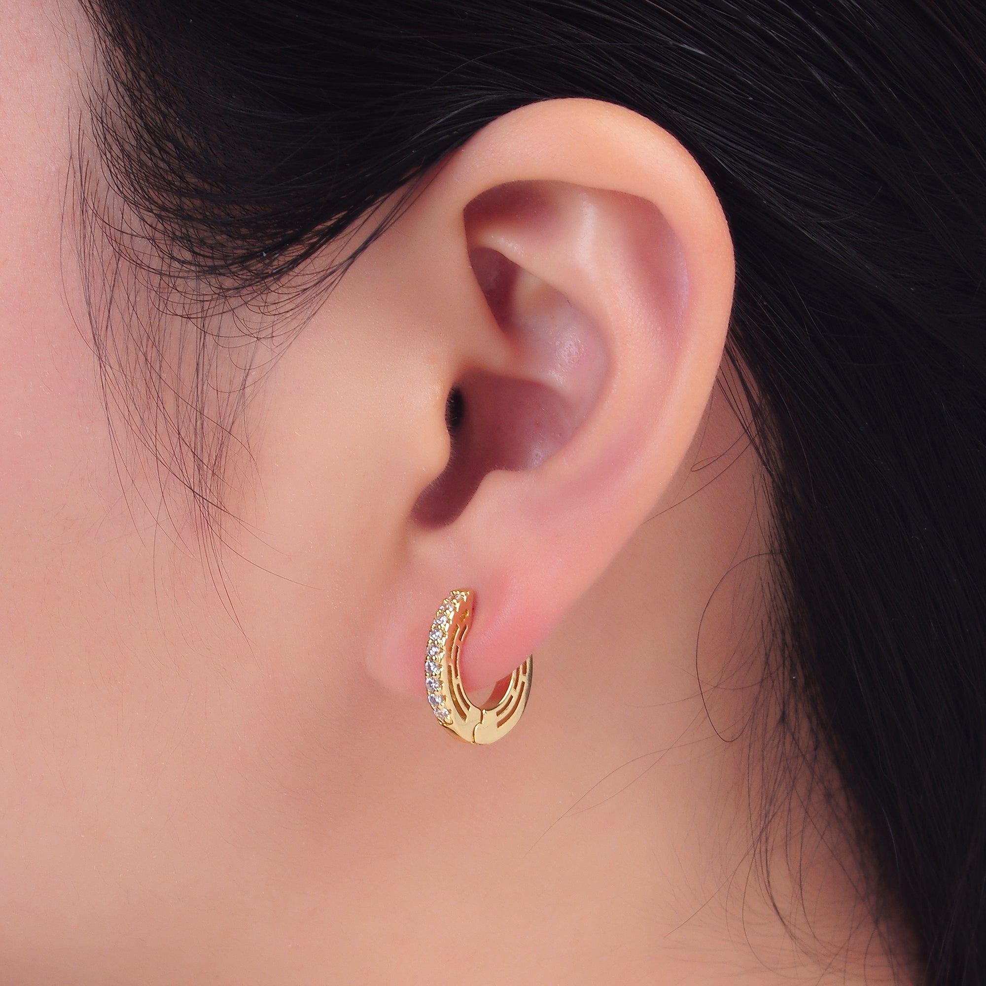 24K Gold Filled 16mm Micro Paved CZ Huggie Hoop Earrings | AD337