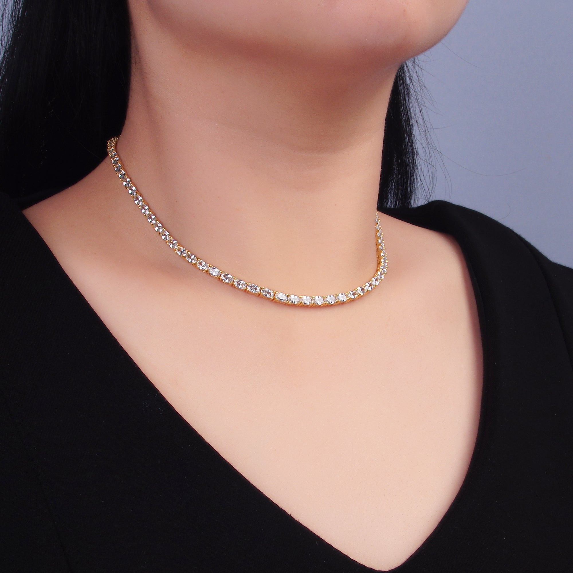 24K Gold Filled Clear Oval CZ Tennis Chain 16 Inch Necklace in Gold & Silver | WA-3023 WA-3024