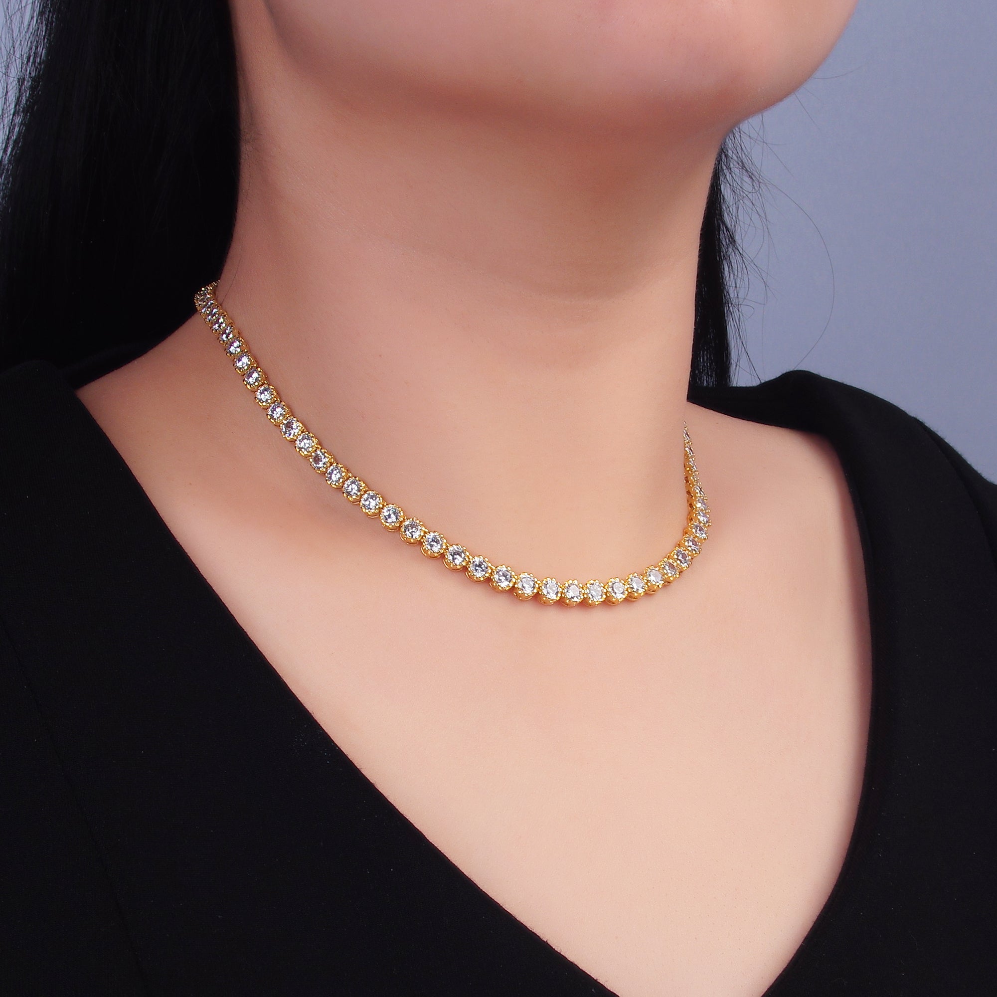 24K Gold Filled Round CZ Encapsulate Tennis Chain 16 Inch Necklace in Gold & Silver | WA-3025 WA-3026