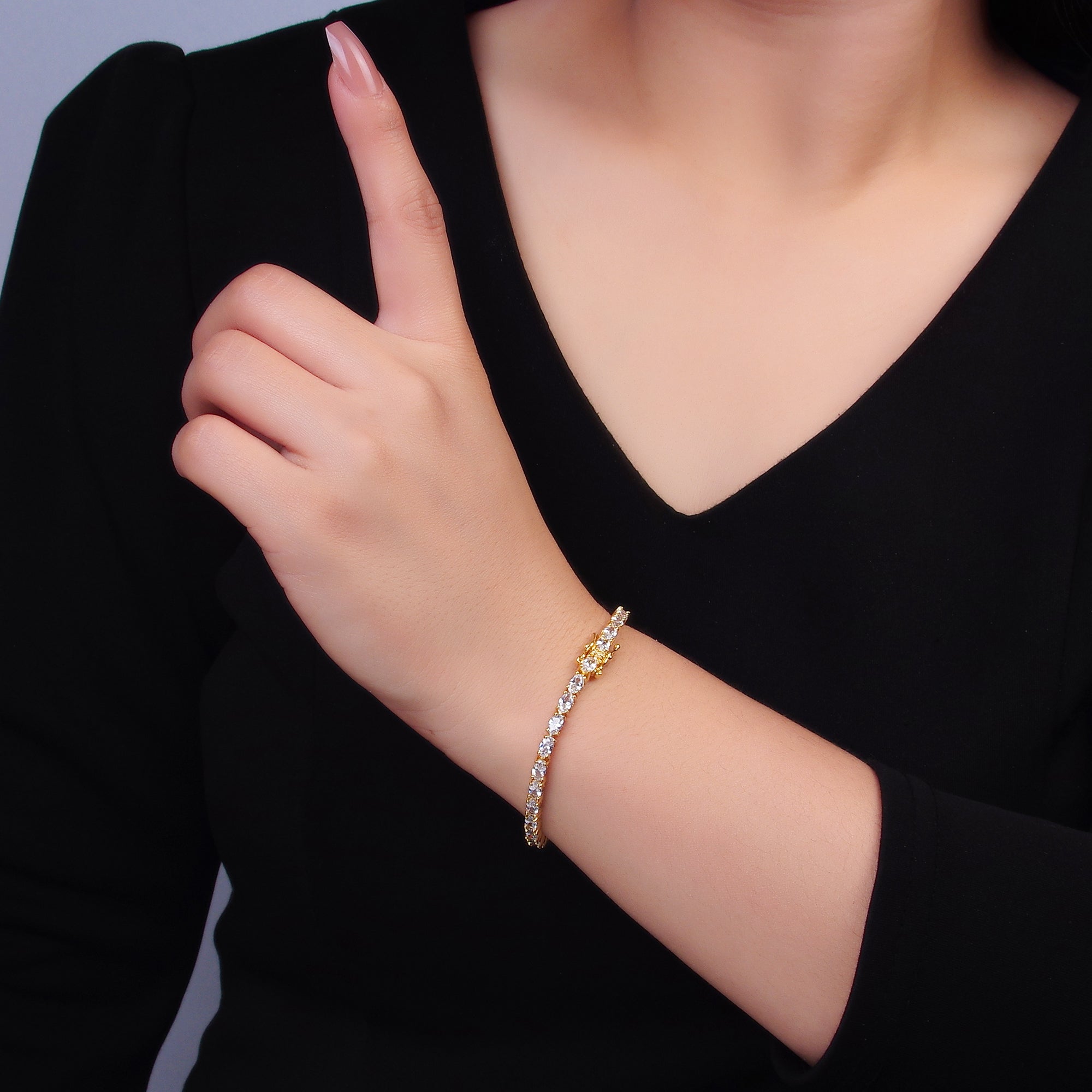 24K Gold Filled Clear Oval CZ Tennis Chain Bracelet in Gold & Silver | WA-3032 WA-3033