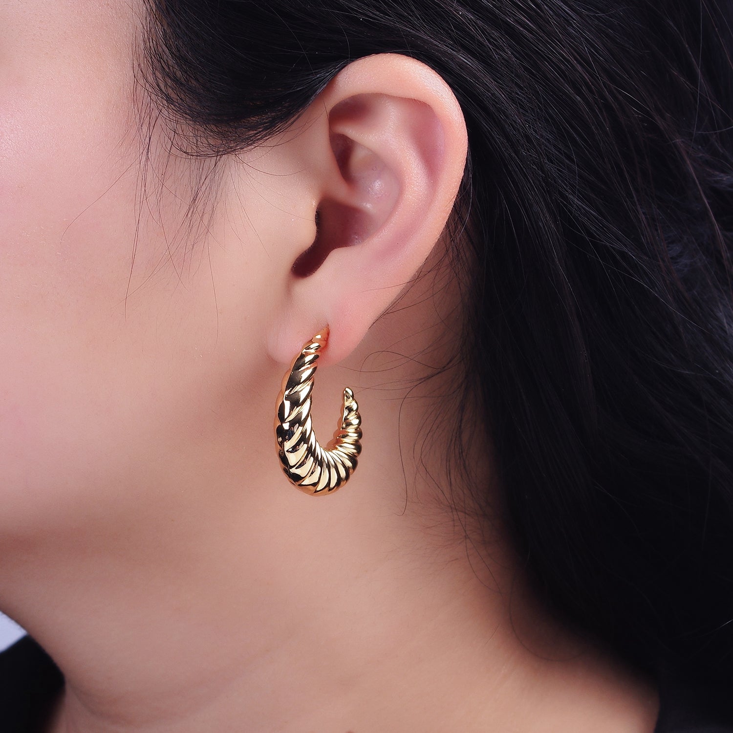 16K Gold Filled 30mm Croissant J-Shaped Hoop Earrings | AE083 - DLUXCA