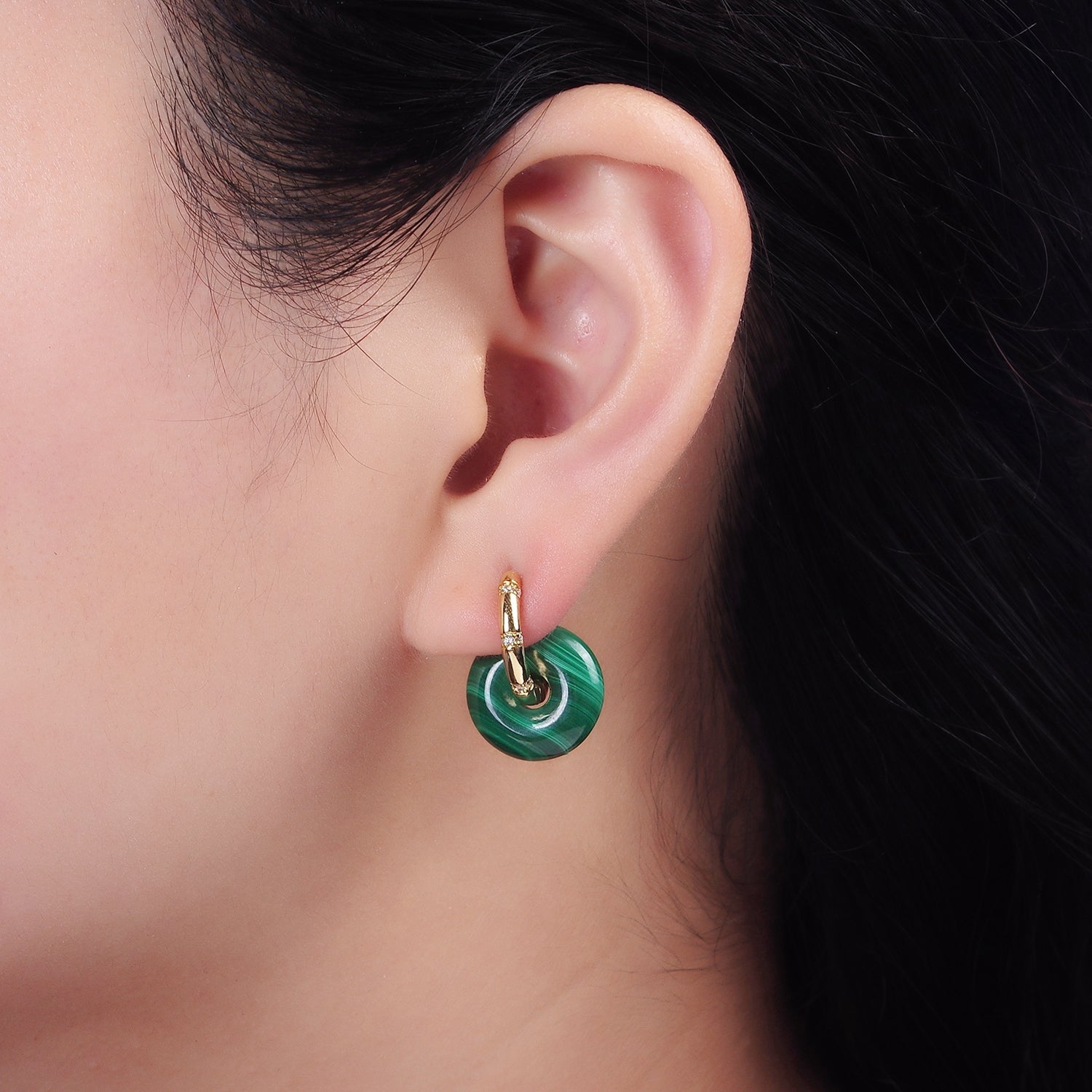 14K Gold Filled Green Malachite Donut Lined Micro Paved Huggie Earrings | AE353