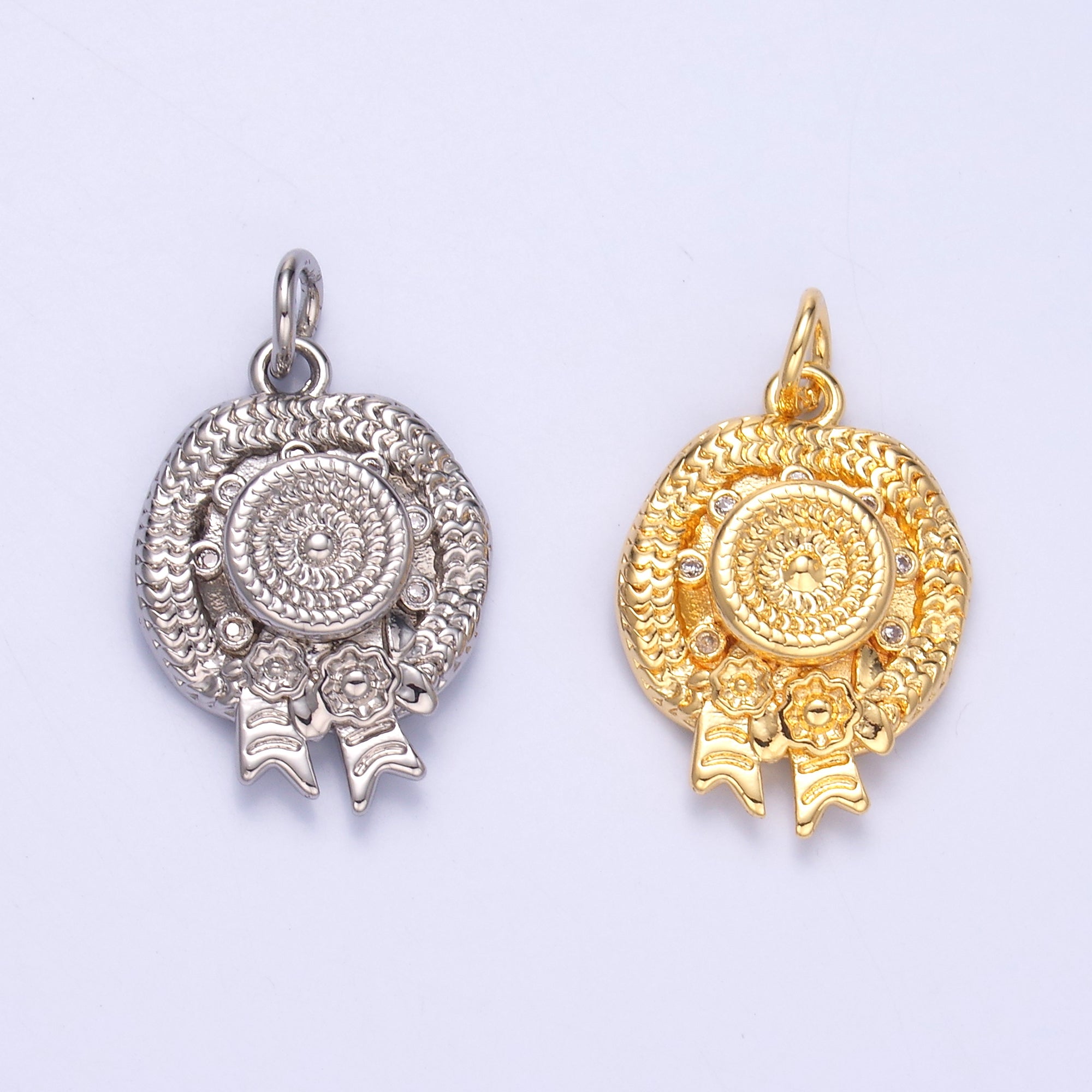24K Gold Filled Clear CZ Flower Woven Beach Hat Charm in Gold & Silver | N015