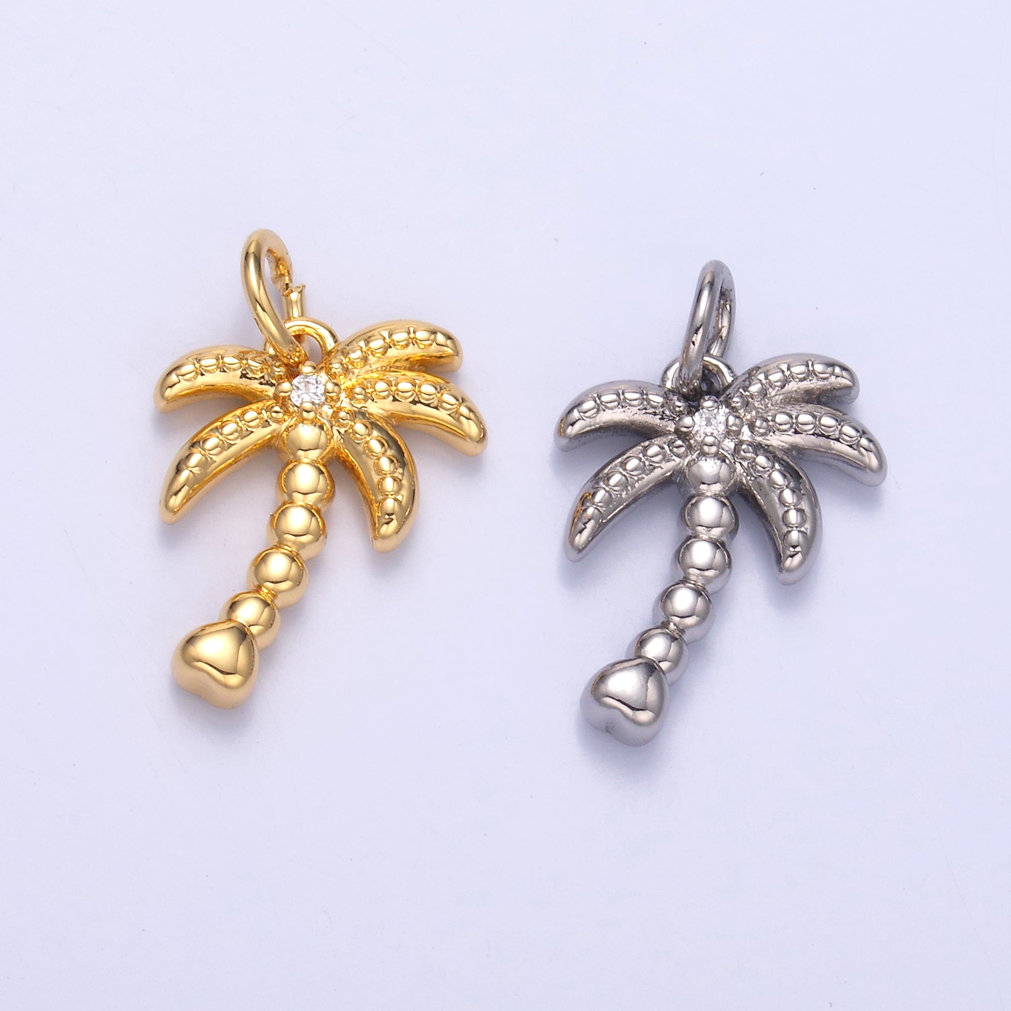 24K Gold Filled CZ Dotted Nature Palm Tree 3D Multidimensional Charm in Gold & Silver | N019