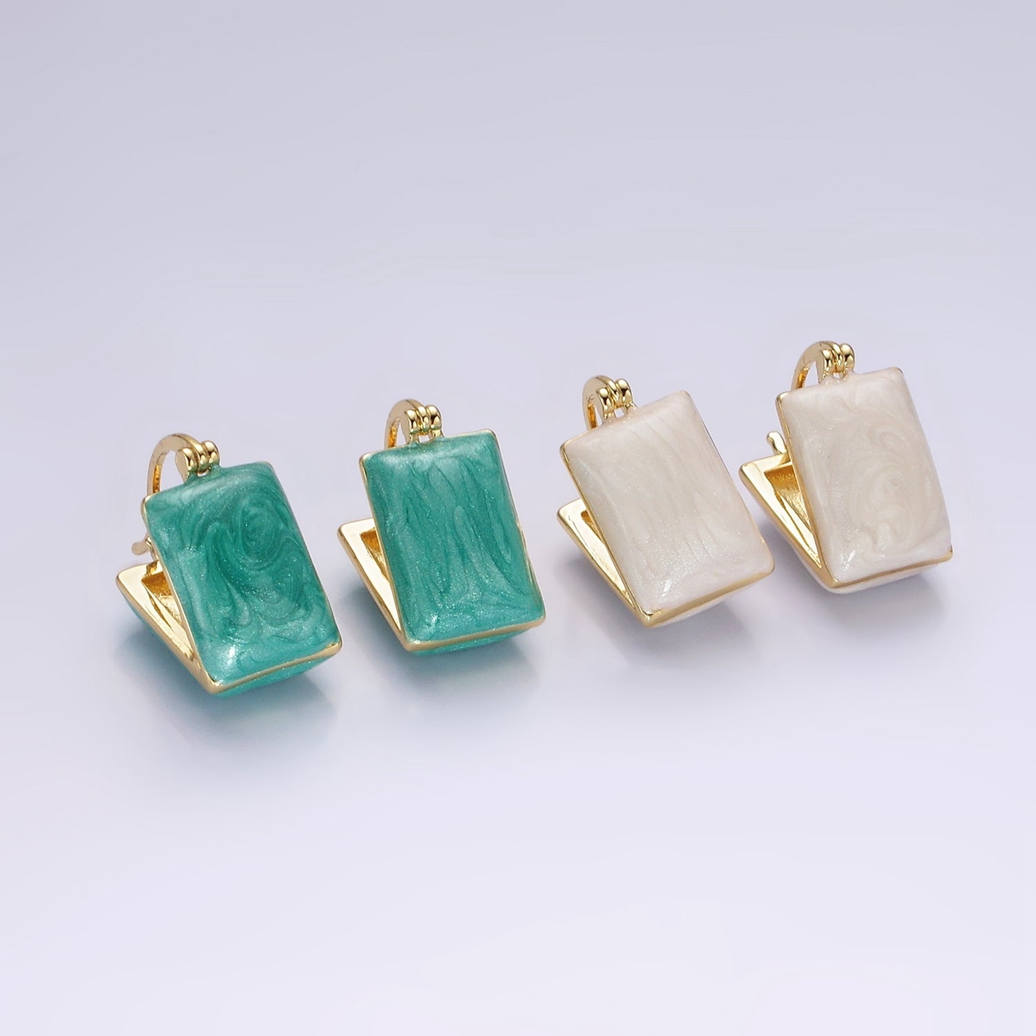 14K Gold Filled Teal, White Enamel Rectangle Triangle Latch Hoop Earrings | AE998 AE999 - DLUXCA