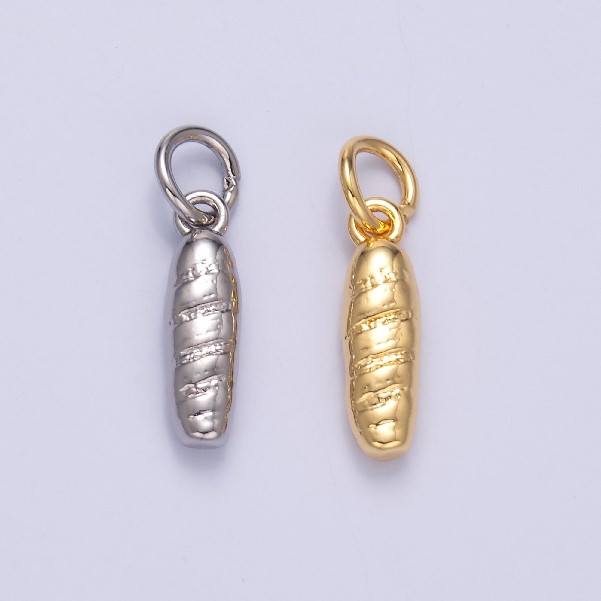 24K Gold Filled Baguette Bread Multidimensional 3D Charm in Gold & Silver | N017