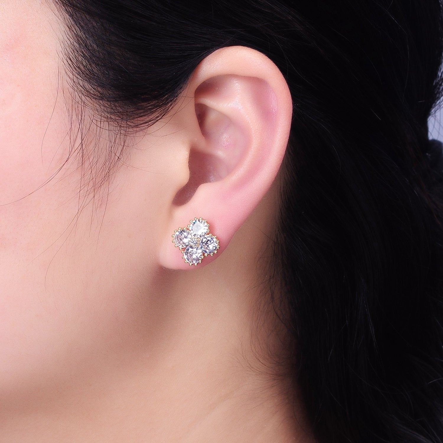 Lucky Clover Cubic Zirconia Stud Earring - Pave CZ Lucky Earrings - Minimalist Four Leaf Clover Earring AB602 AB603 - DLUXCA