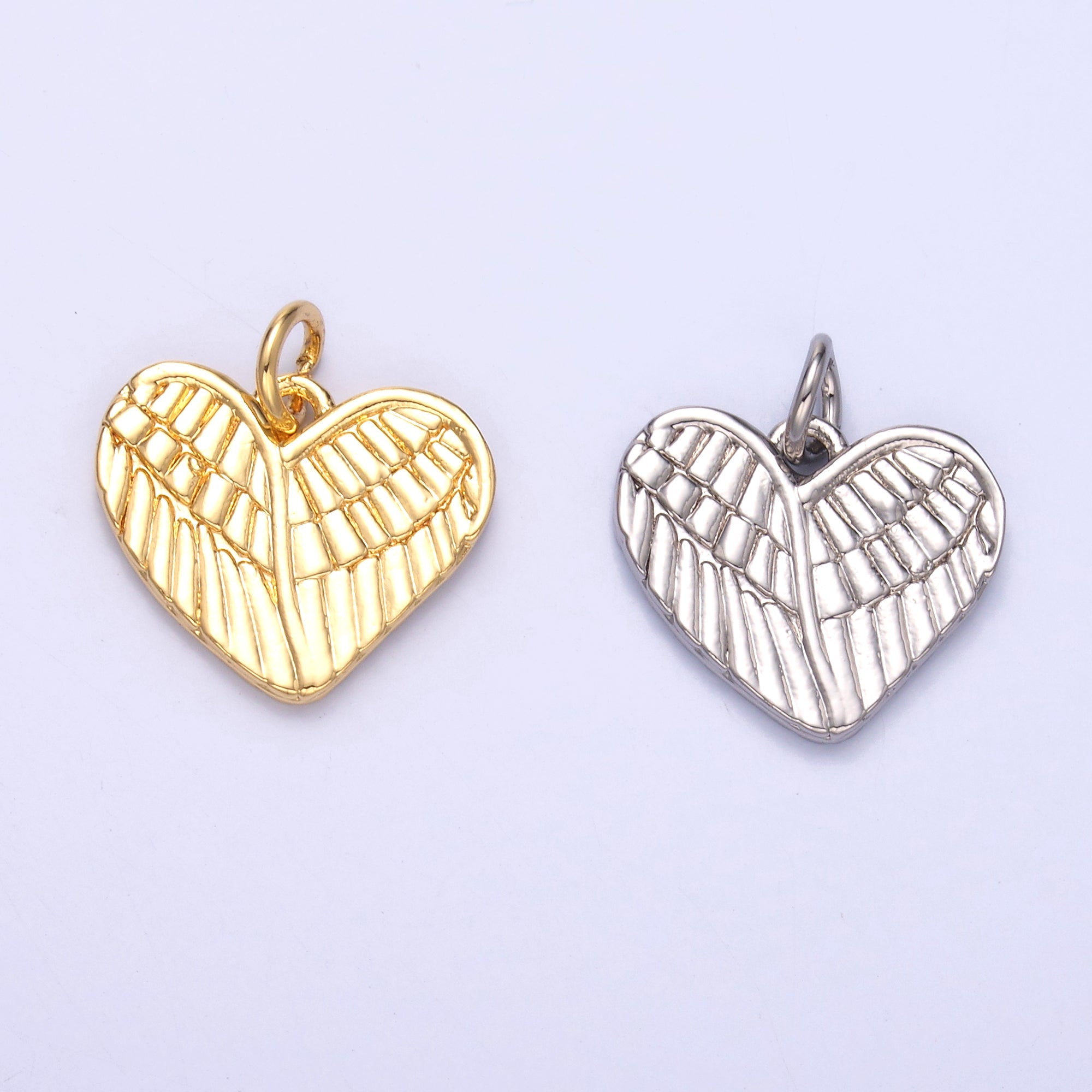 24K Gold Filled Feather Wings Heart Charm in Gold & Silver | C037