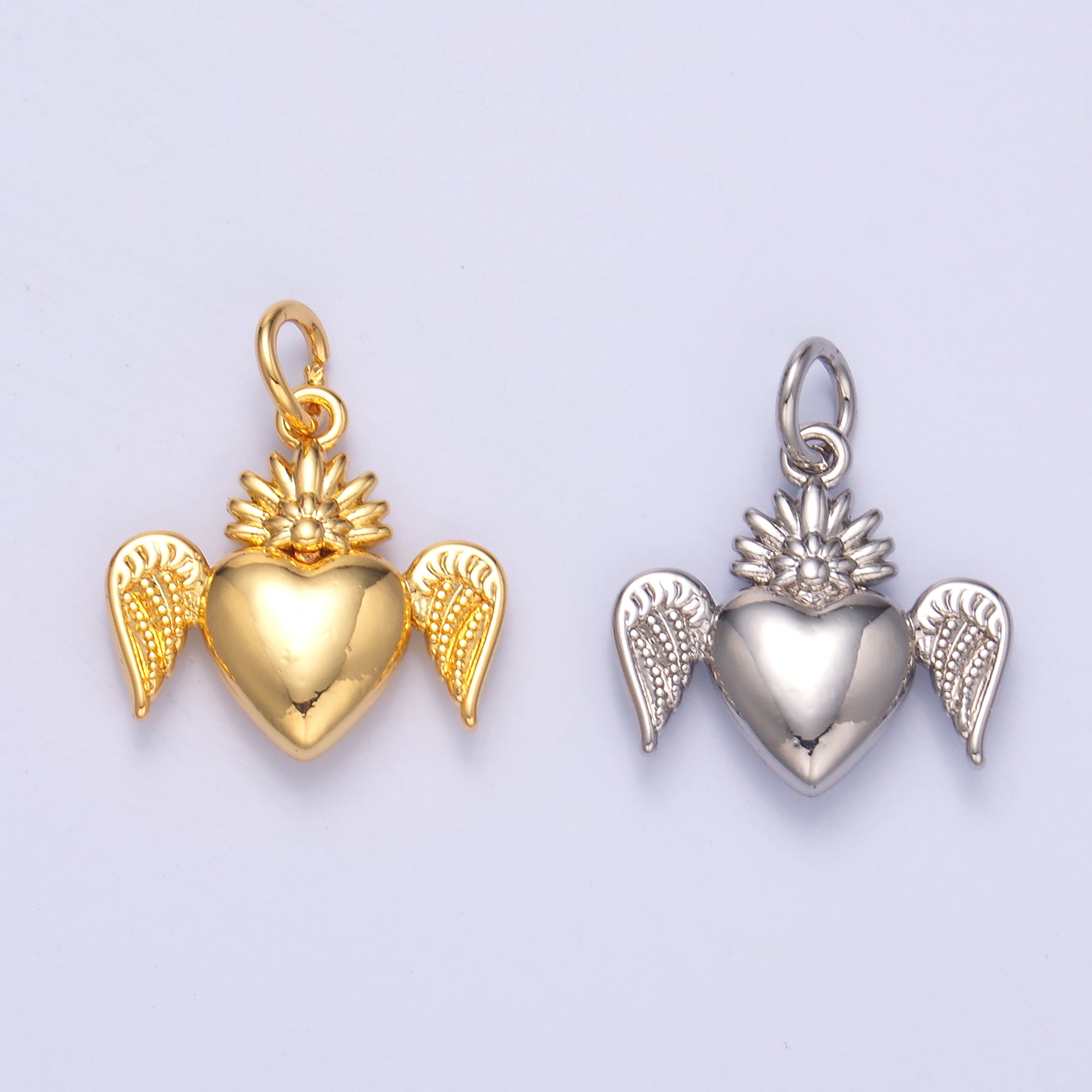 24K Gold Filled Sacred Heart Wings Multidimensional 3D Charm in Gold & Silver | N052