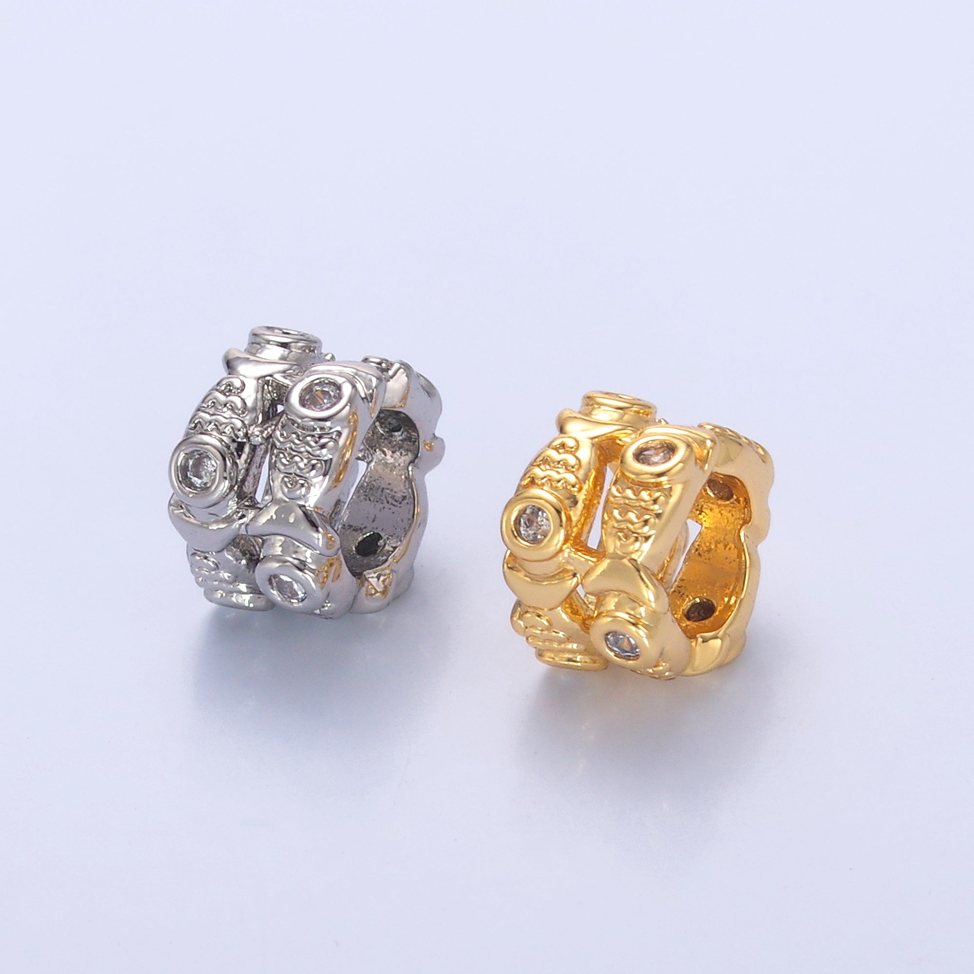 24K Gold Filled Double Fish Clear CZ Rhondelle Bead in Gold & Silver | B646
