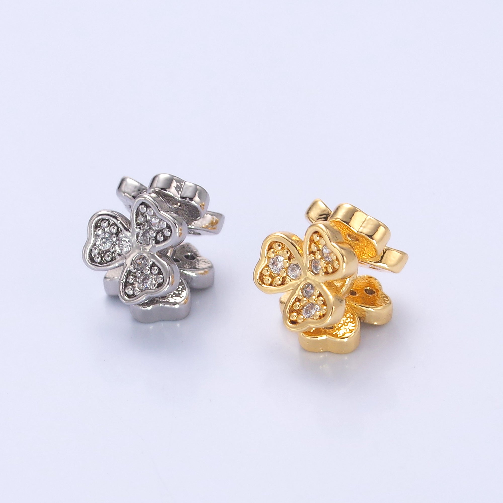 24K Gold Filled Micro Paved CZ Clover Flower Bead in Gold & Silver | B647