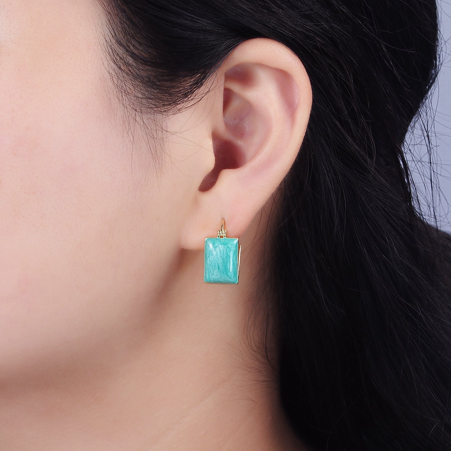 14K Gold Filled Teal, White Enamel Rectangle Triangle Latch Hoop Earrings | AE998 AE999 - DLUXCA