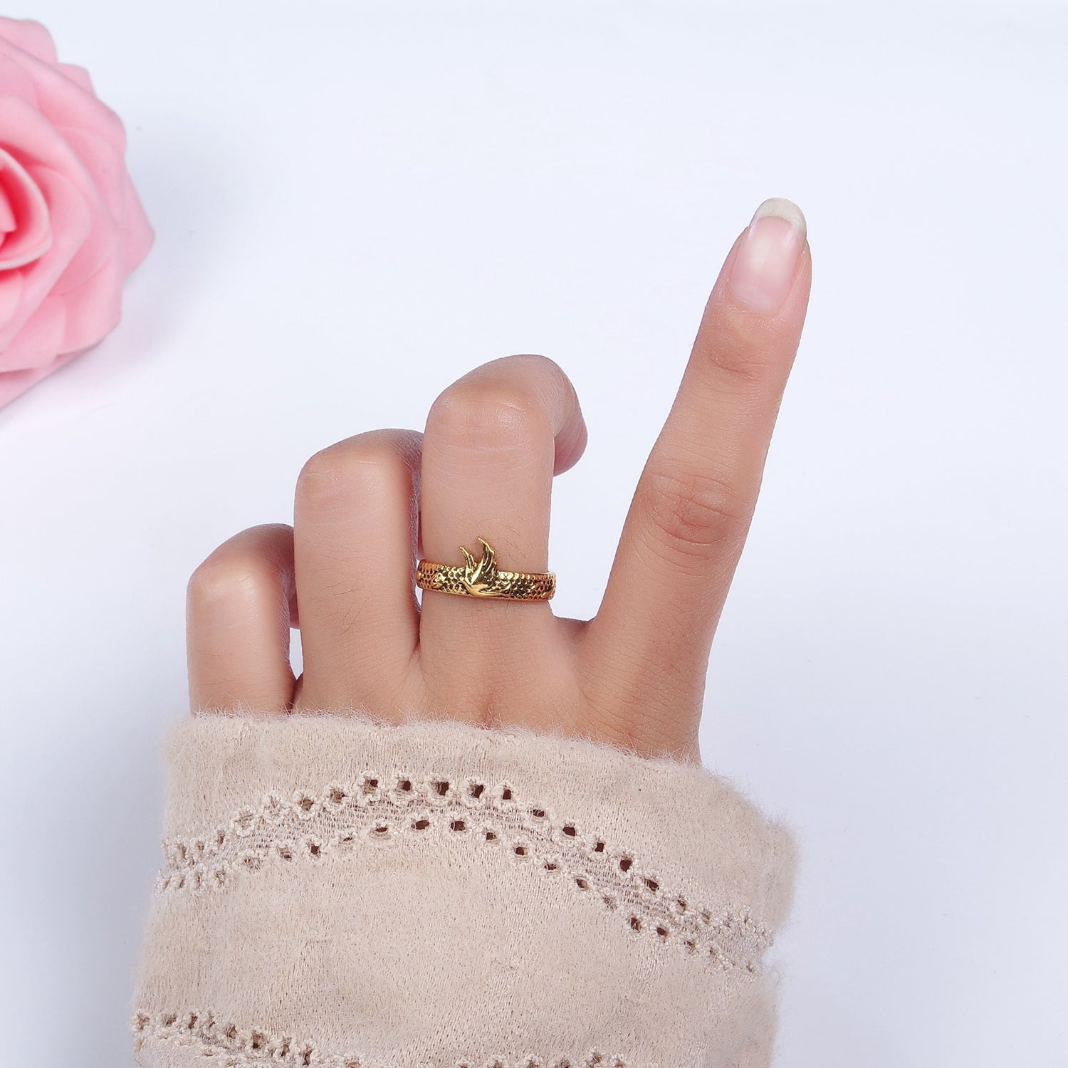 14K Gold Filled Dove Rose Flower Dotted Ring Set in Silver & Gold | P1066 O1067 - DLUXCA