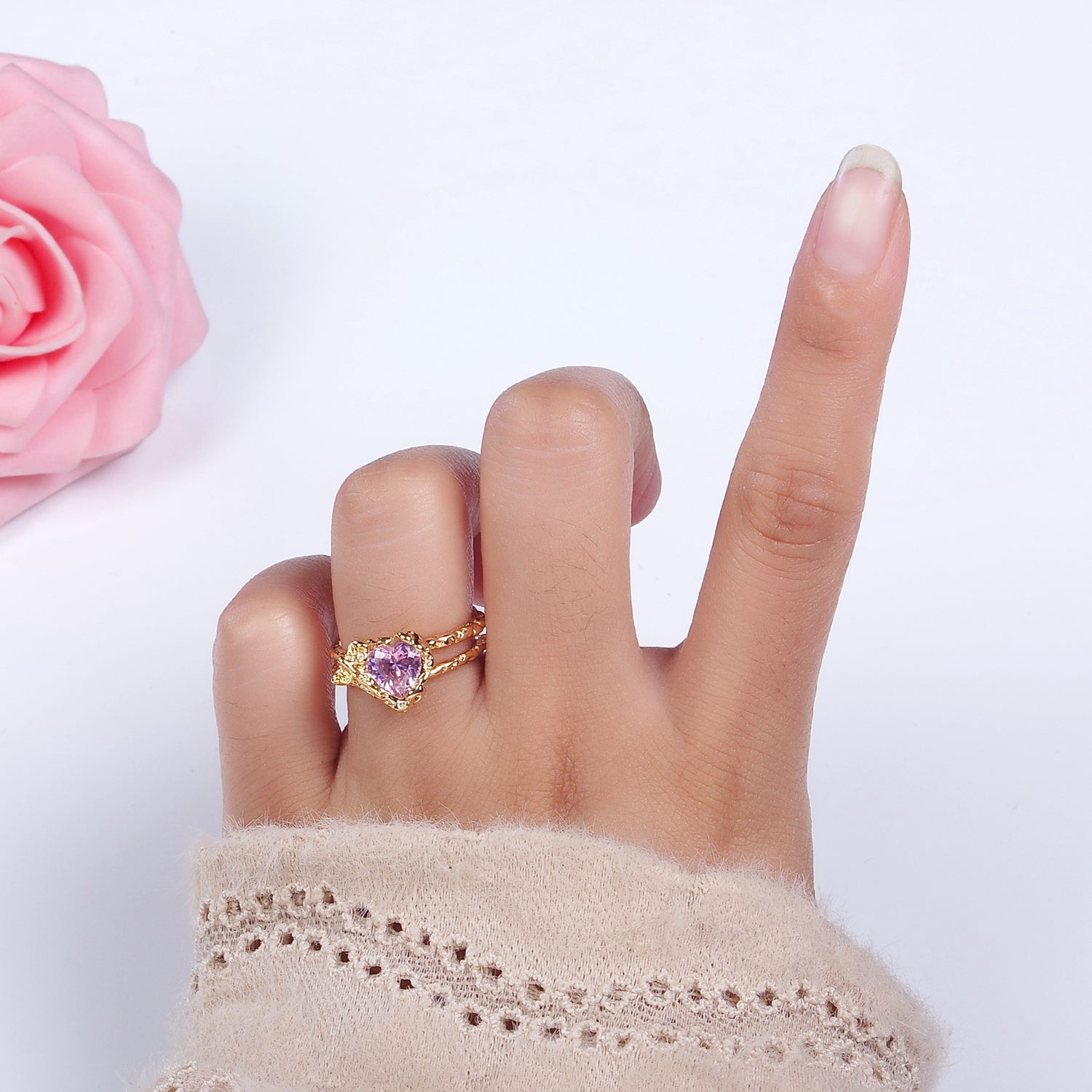 14K Gold Filled Pink CZ Heart Dented Molten Double Band Ring | O1063 - DLUXCA