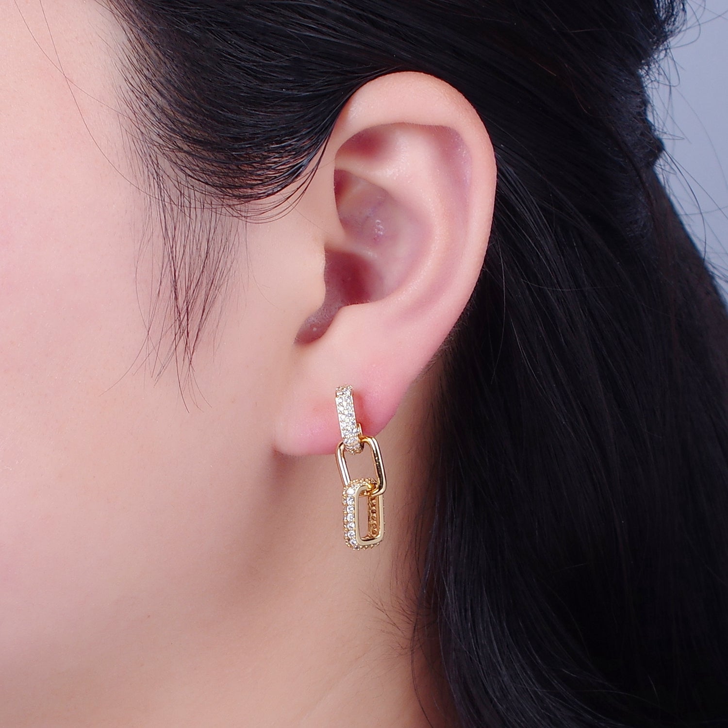 OS Dangle Square CZ Link Stud Earring in 24k Gold Filled T-518