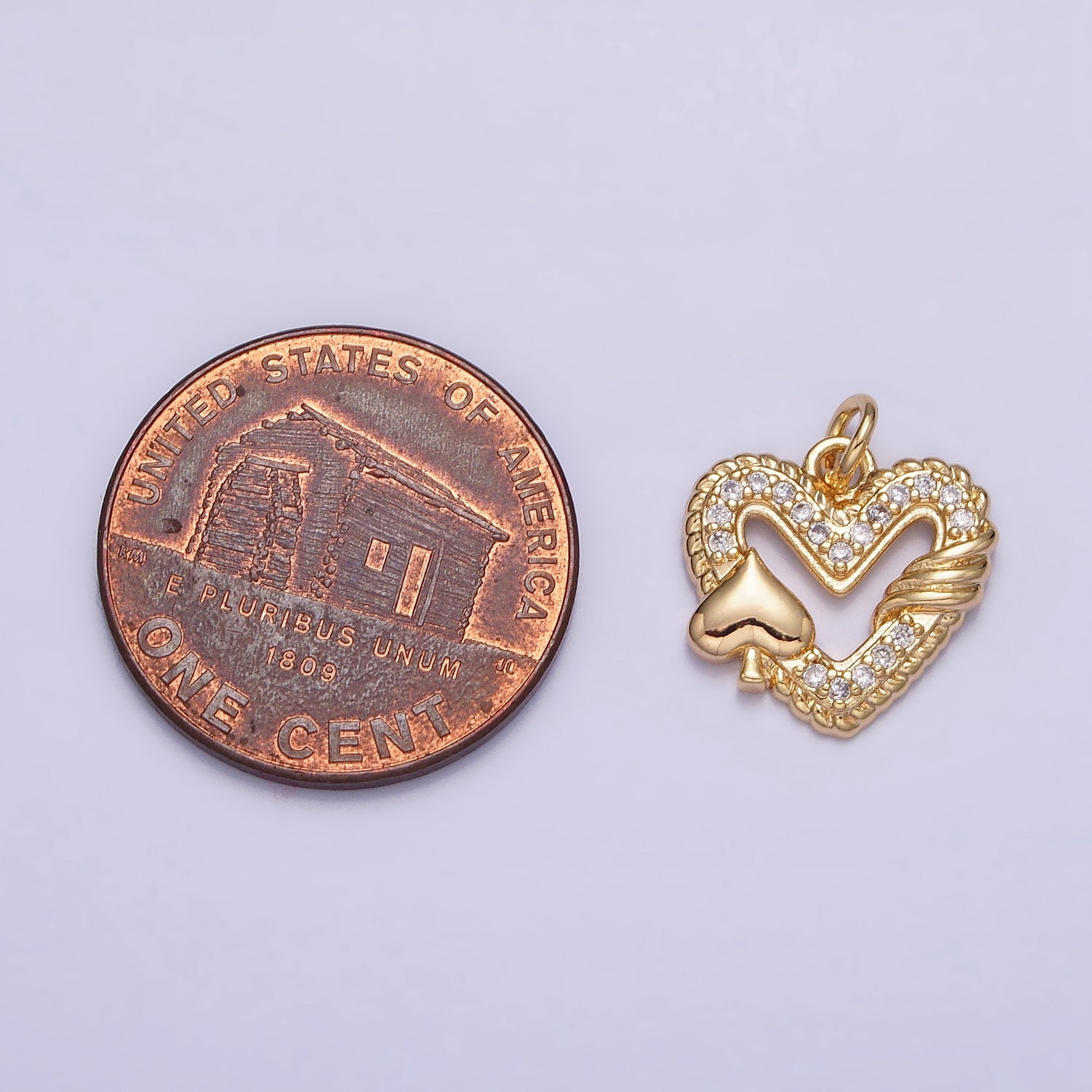 16K Gold Filled Open Heart Micro Paved Twisted Spades Card Charm in Gold & Silver | AC1217 AC1218