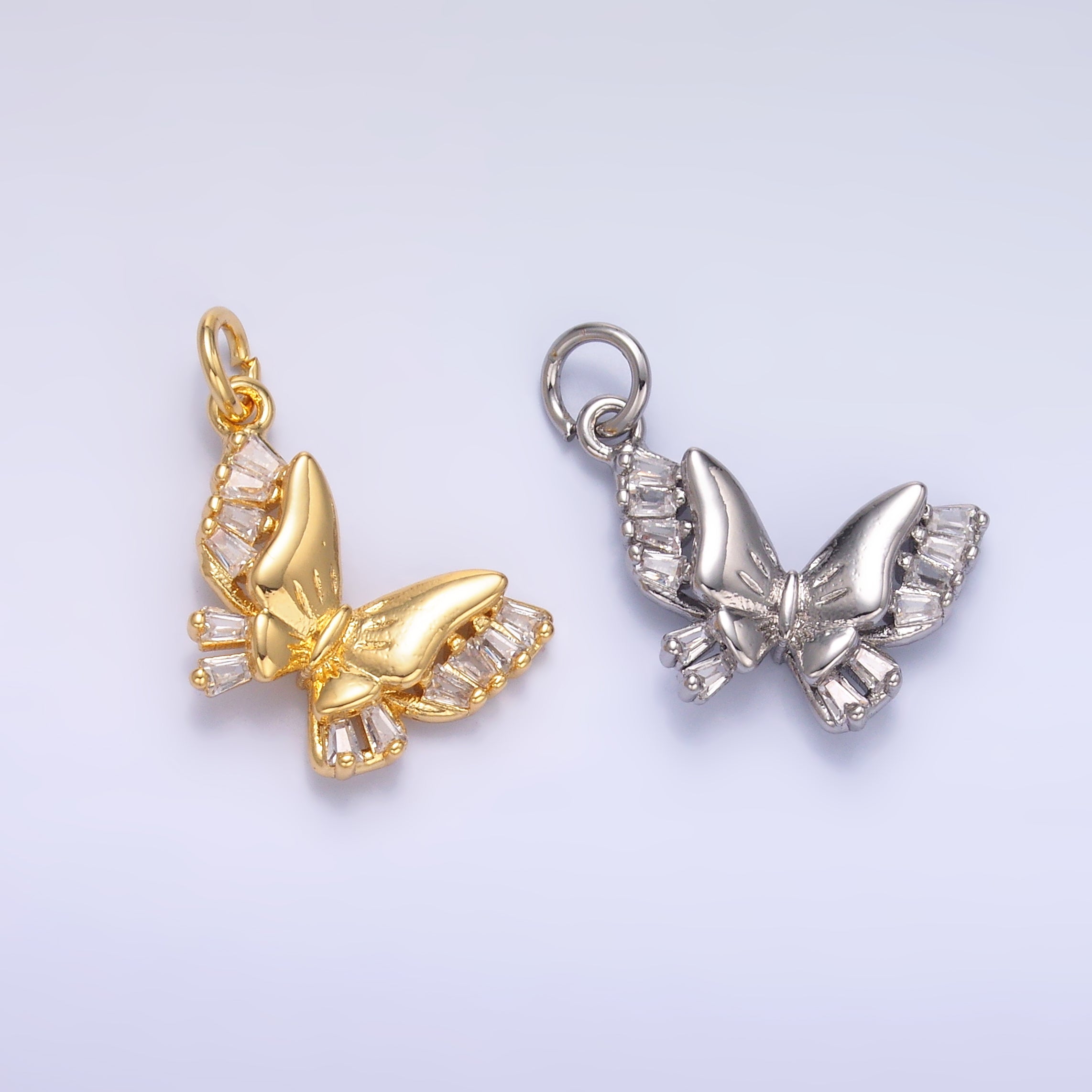 24K Gold Filled Baguette CZ Butterfly Charm in Gold & Silver | C018