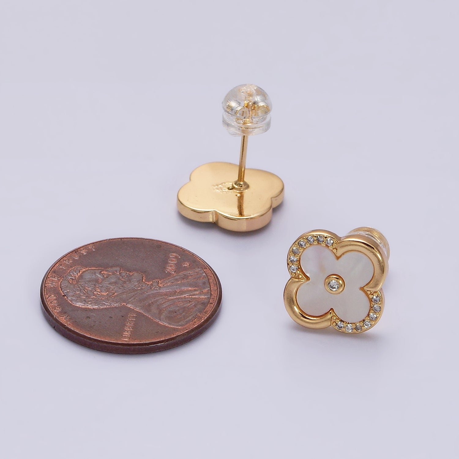 16K Gold Filled 12mm Shell Pearl Quatrefoil Clover Micro Paved CZ Stud Earrings in Gold & Silver | AB1535 AB1536