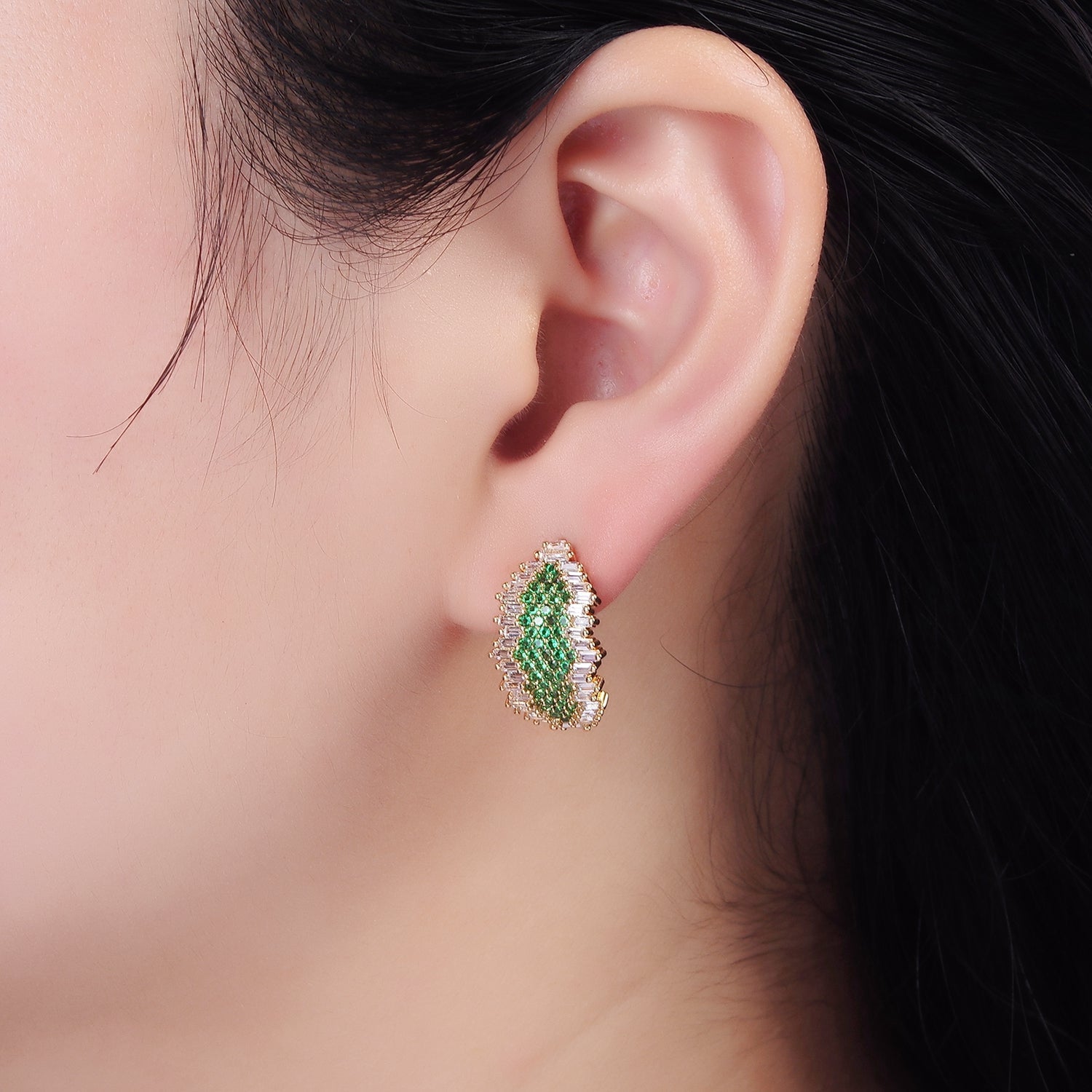 16K Gold Filled Green Micro Paved CZ Baguette Abstract C-Shaped Hoop Earrings | AB1109