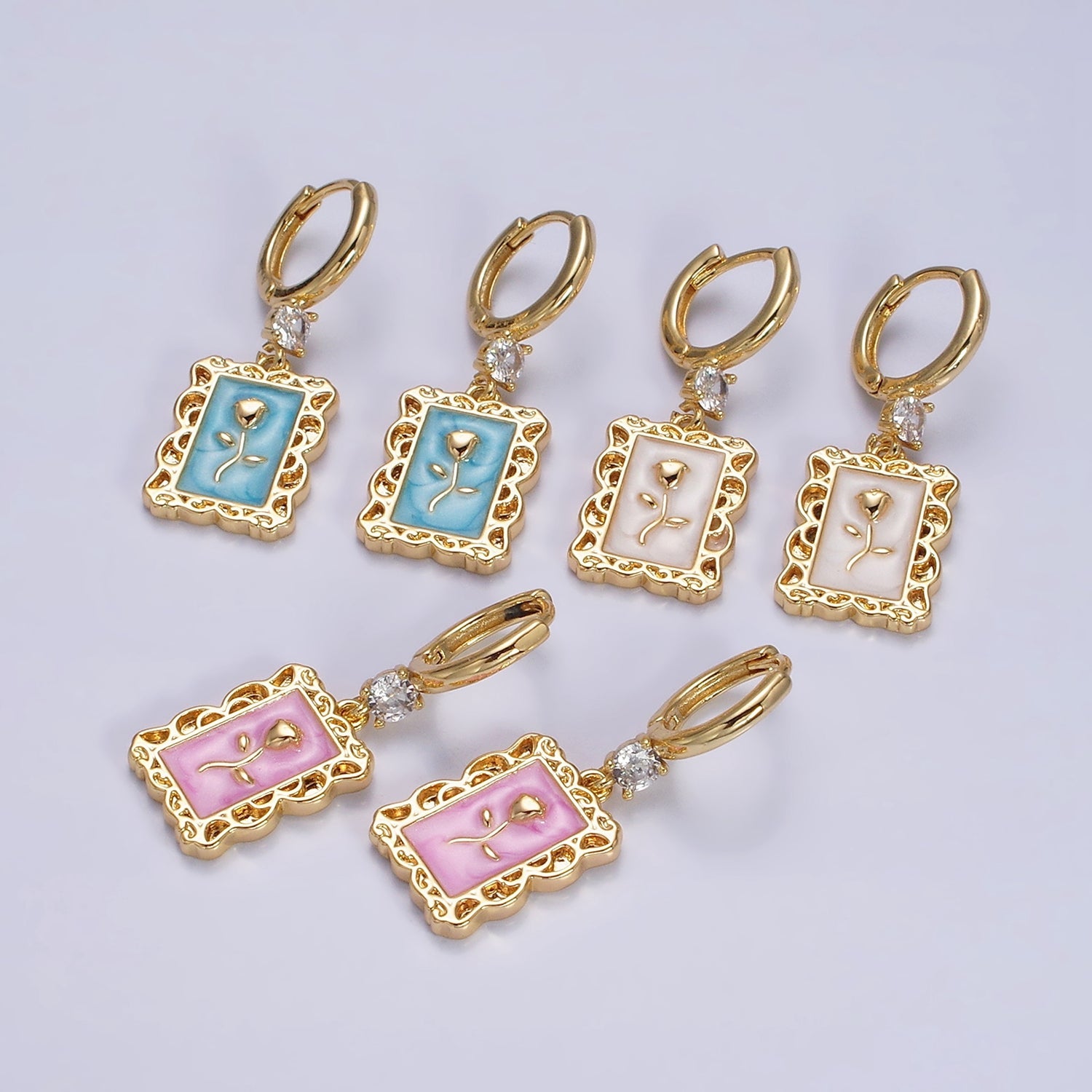 16K Gold Filled Pink, White, Blue Sparkly Enamel Rose Flower Rectangular CZ Drop Huggie Earrings | Y861 - Y863 - DLUXCA