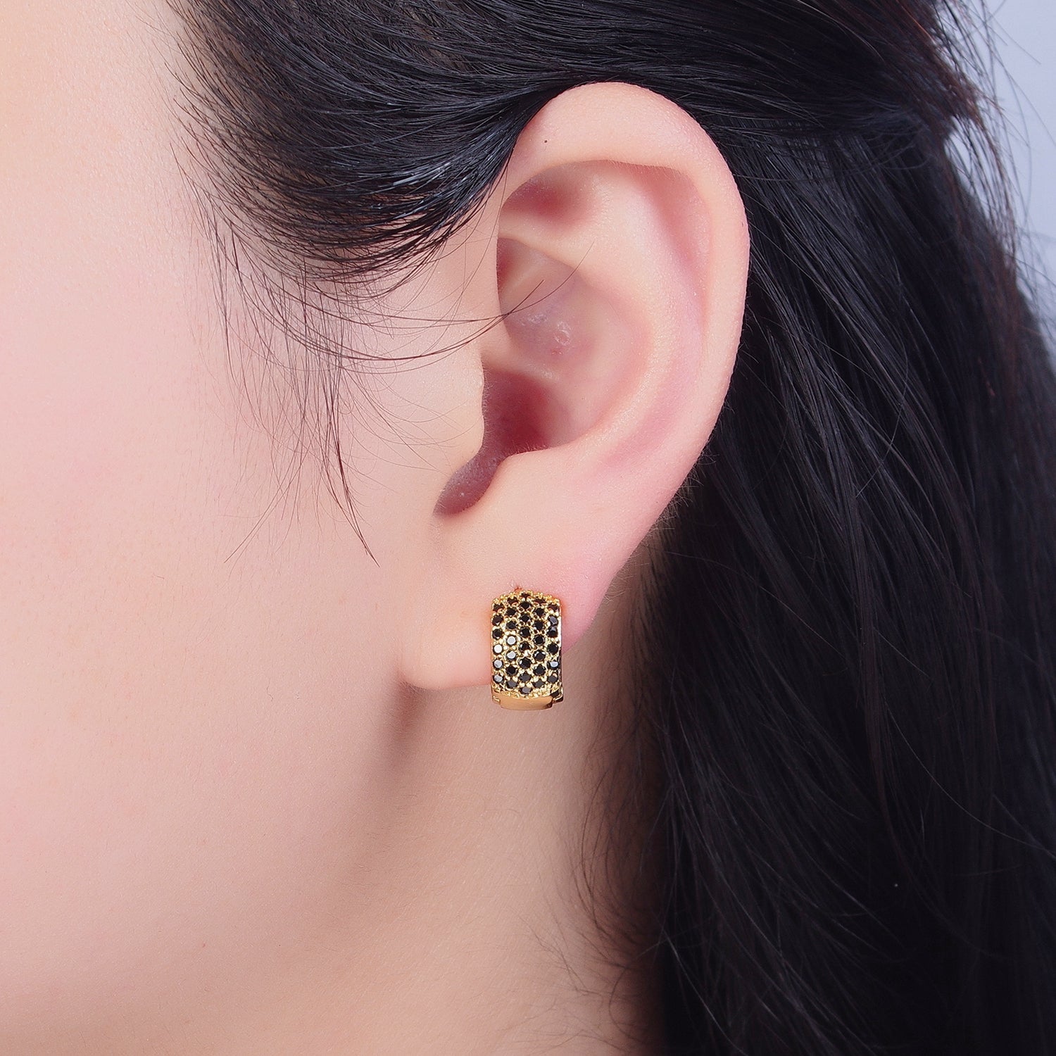 Black Pave Huggie Earring Chunky Black CZ Hoop Earring V-385 - DLUXCA