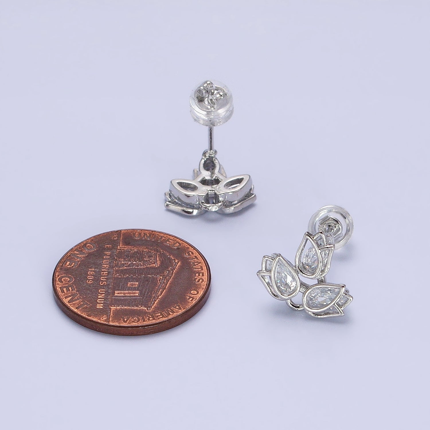 Dainty Silver Lotus Stud Earring With Cz Stone Tear Drop Cubic Stone AB660 - DLUXCA