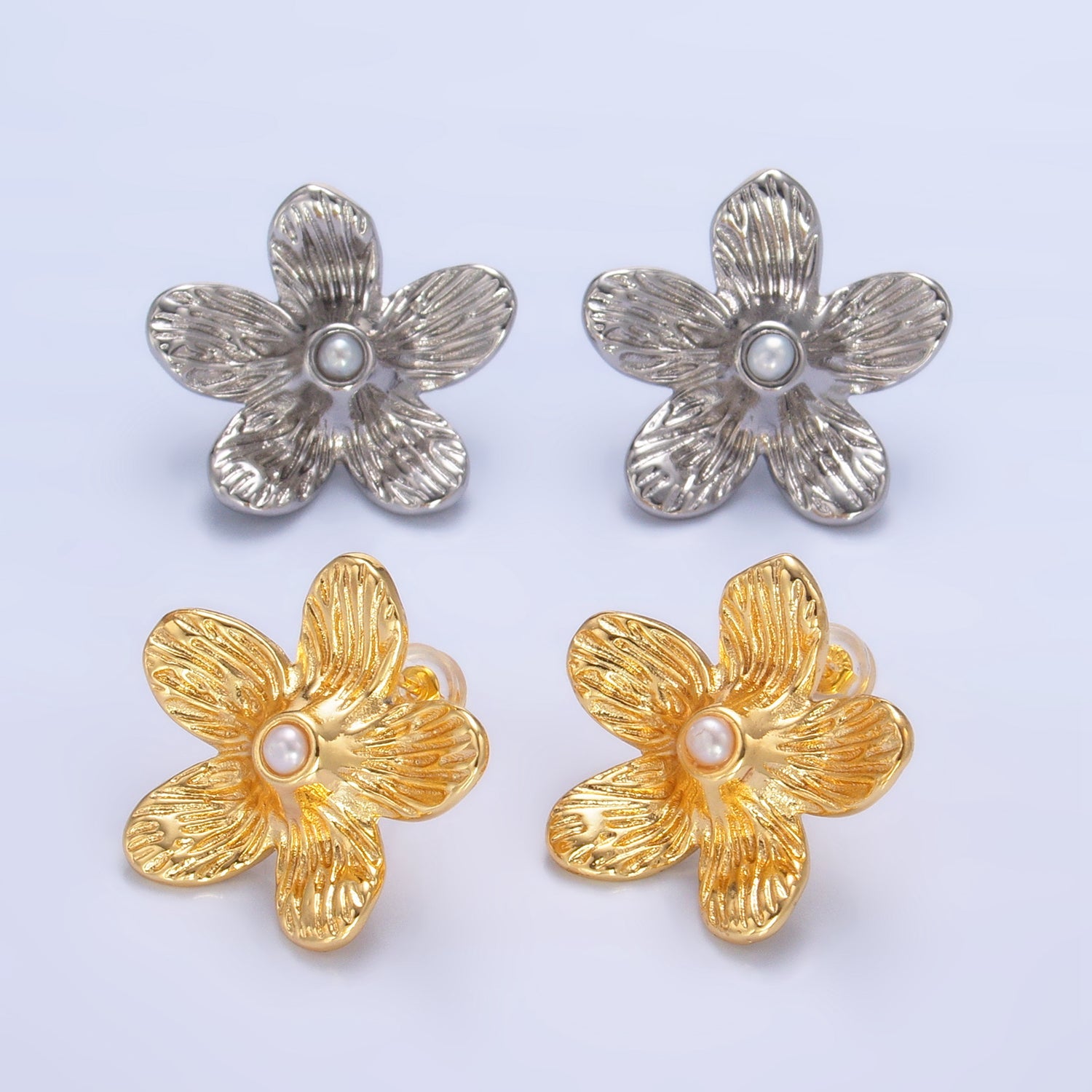 24K Gold Filled Shell Pearl Textured Flower Stud Earrings in Gold & Silver | P353 P354