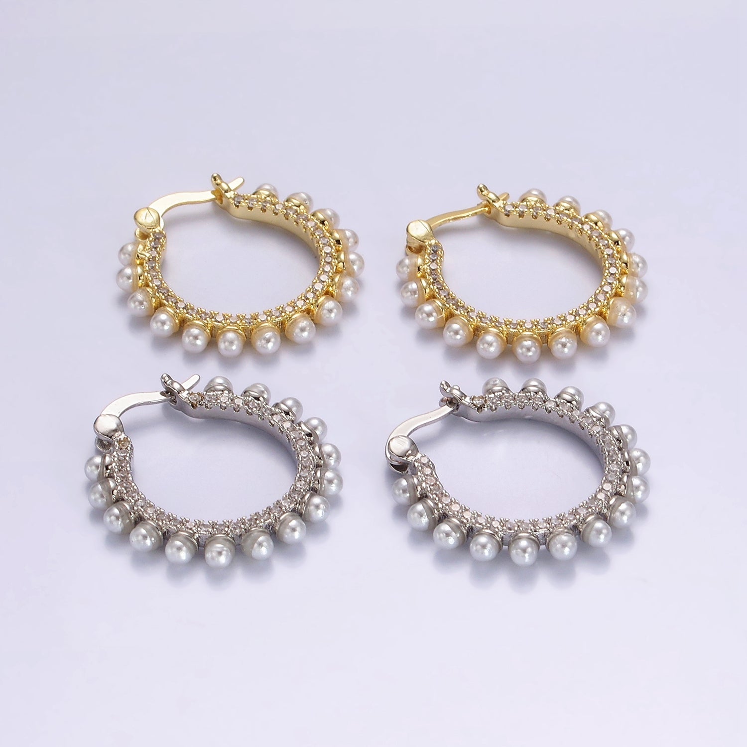 14K Gold Filled Micro Paved CZ Pearl Dotted Latch Hoop Earrings in Gold & Silver | AE993 AE994 - DLUXCA