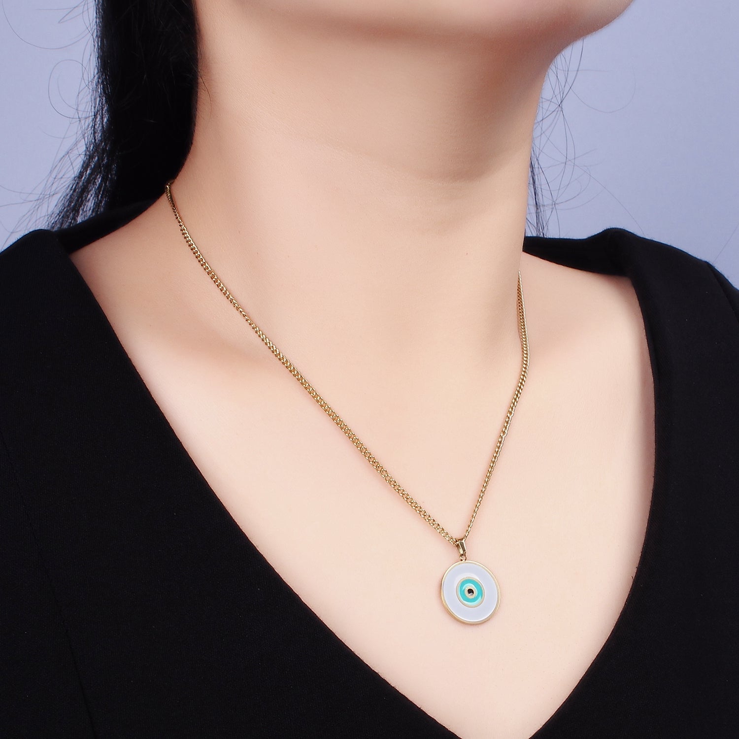 Stainless Steel Teal Evil Eye Enamel Round Charm 17 Inch Curb Chain Necklace | WA-2048 - DLUXCA