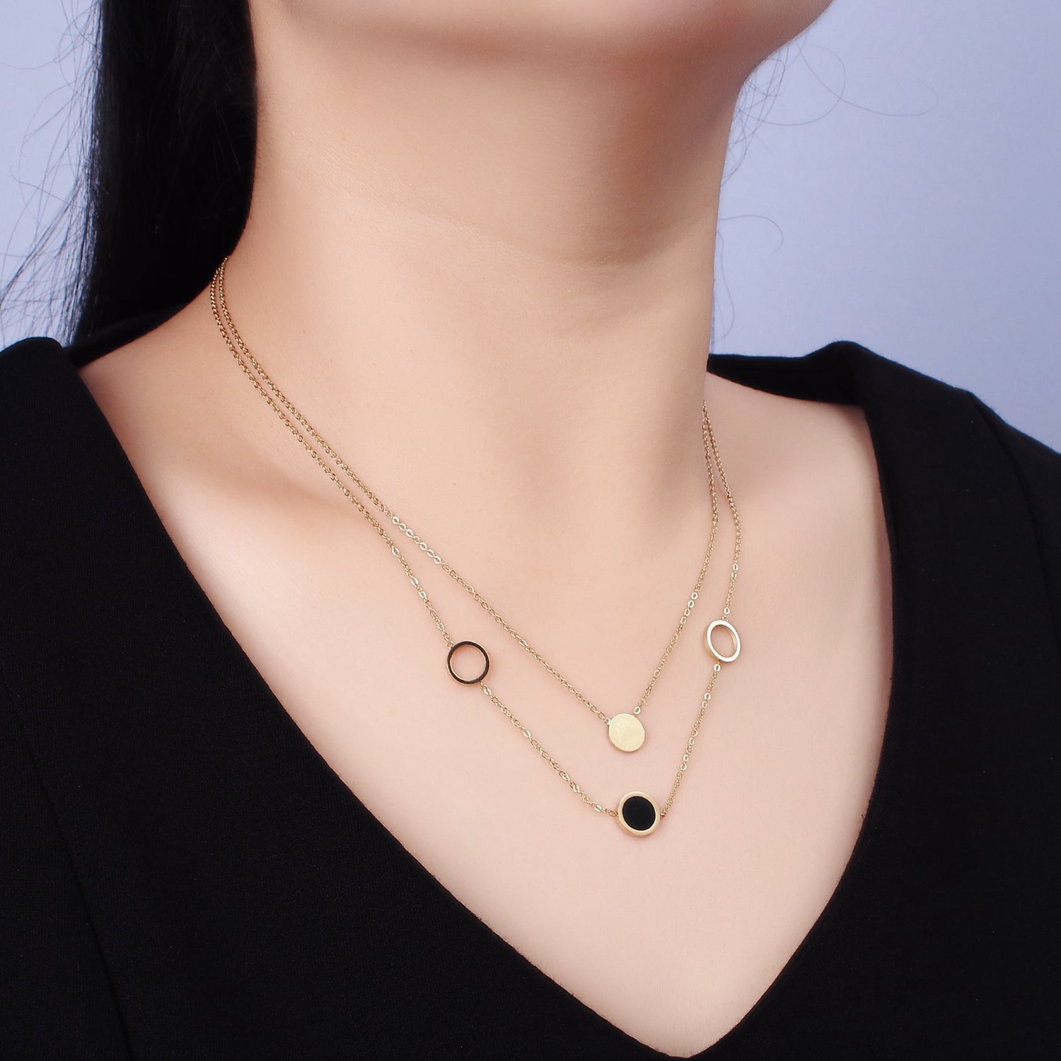 Stainless Steel Multiple Round Circle Open Disc Cable Double Layer Stack Necklace | WA-2054 - DLUXCA