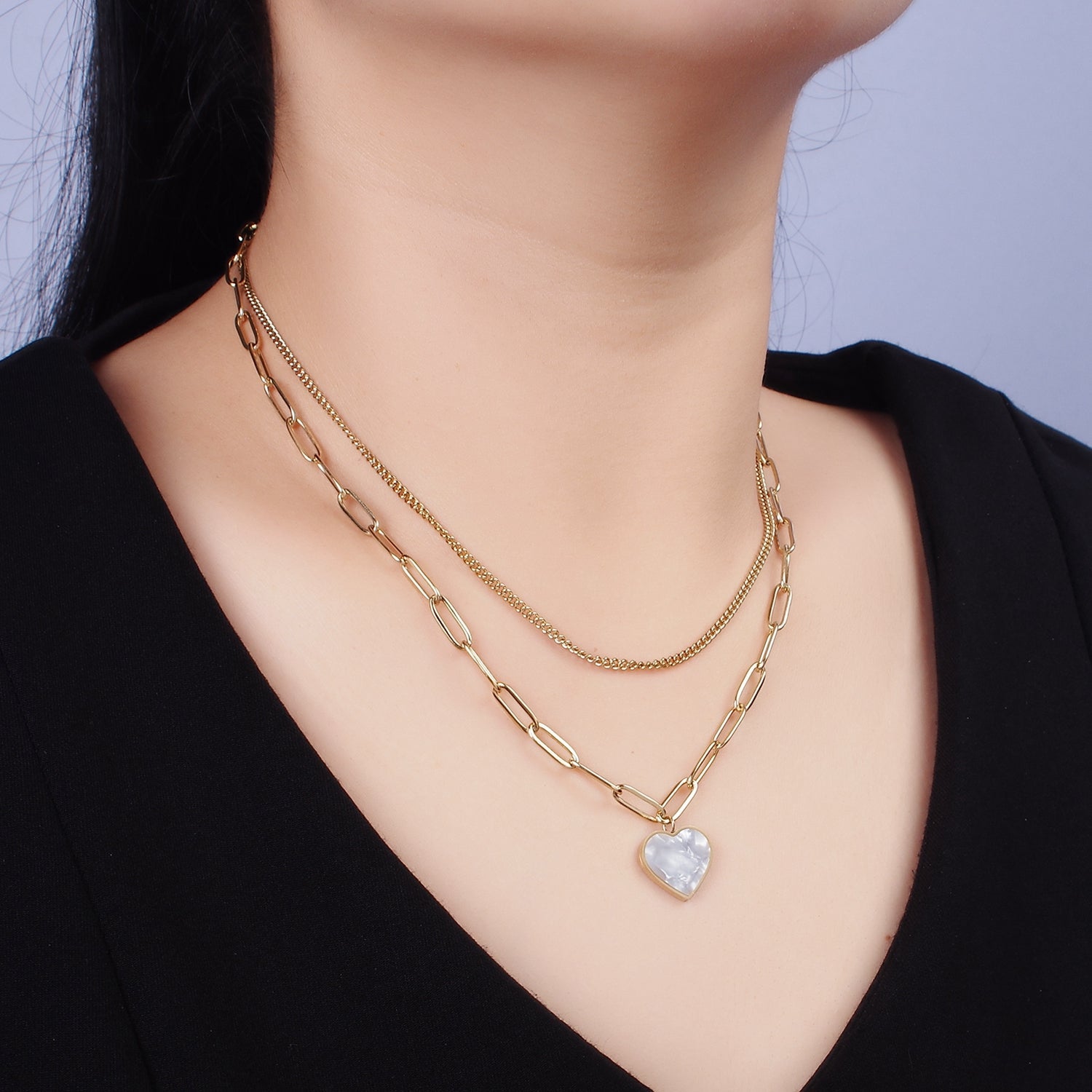 Stainless Steel Shell Pearl Heart Charm Choker Double Layer Chain 15.5 Stack Necklace | WA-2055 - DLUXCA