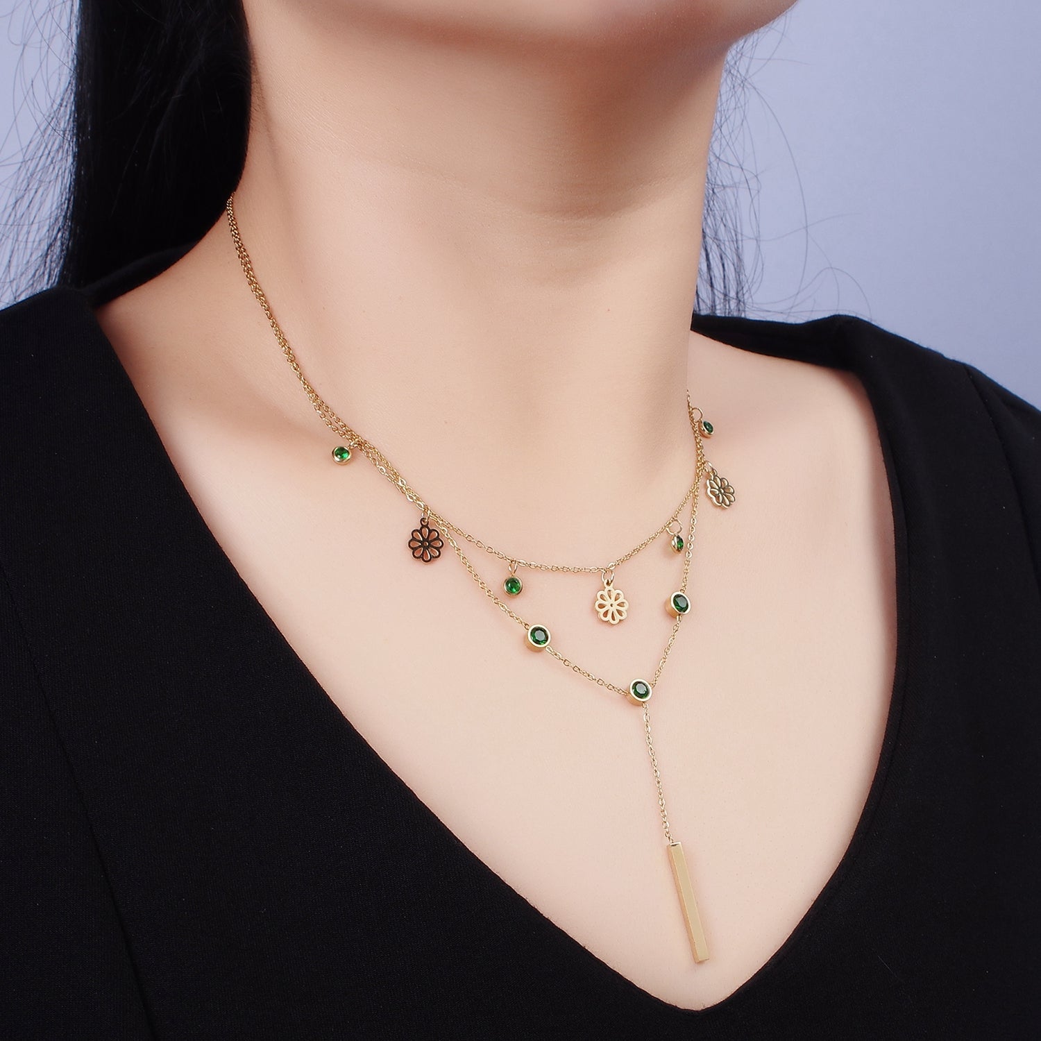 Stainless Steel Green Round CZ Disc Open Flower Bar Lariat Double Layer Stack Necklace | WA-2057 - DLUXCA