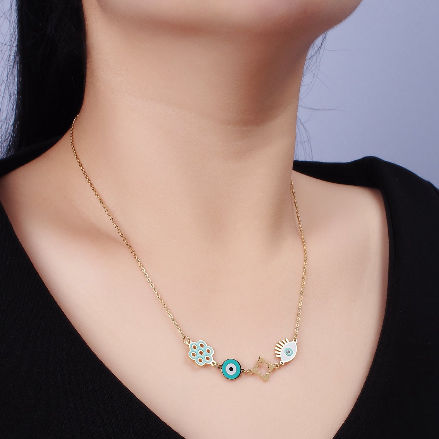 Stainless Steel Teal Evil Eye Open Flower 17 Inch Cable Chain Necklace | WA-2062 - DLUXCA