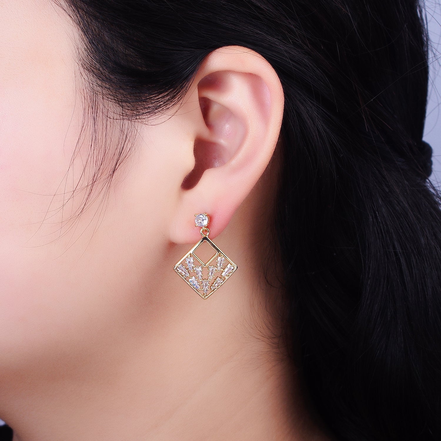 Gold Rhombus Dangle Stud Earring Clear Cz Micro Pave Baguette Stone Statement Earring AB668 - DLUXCA